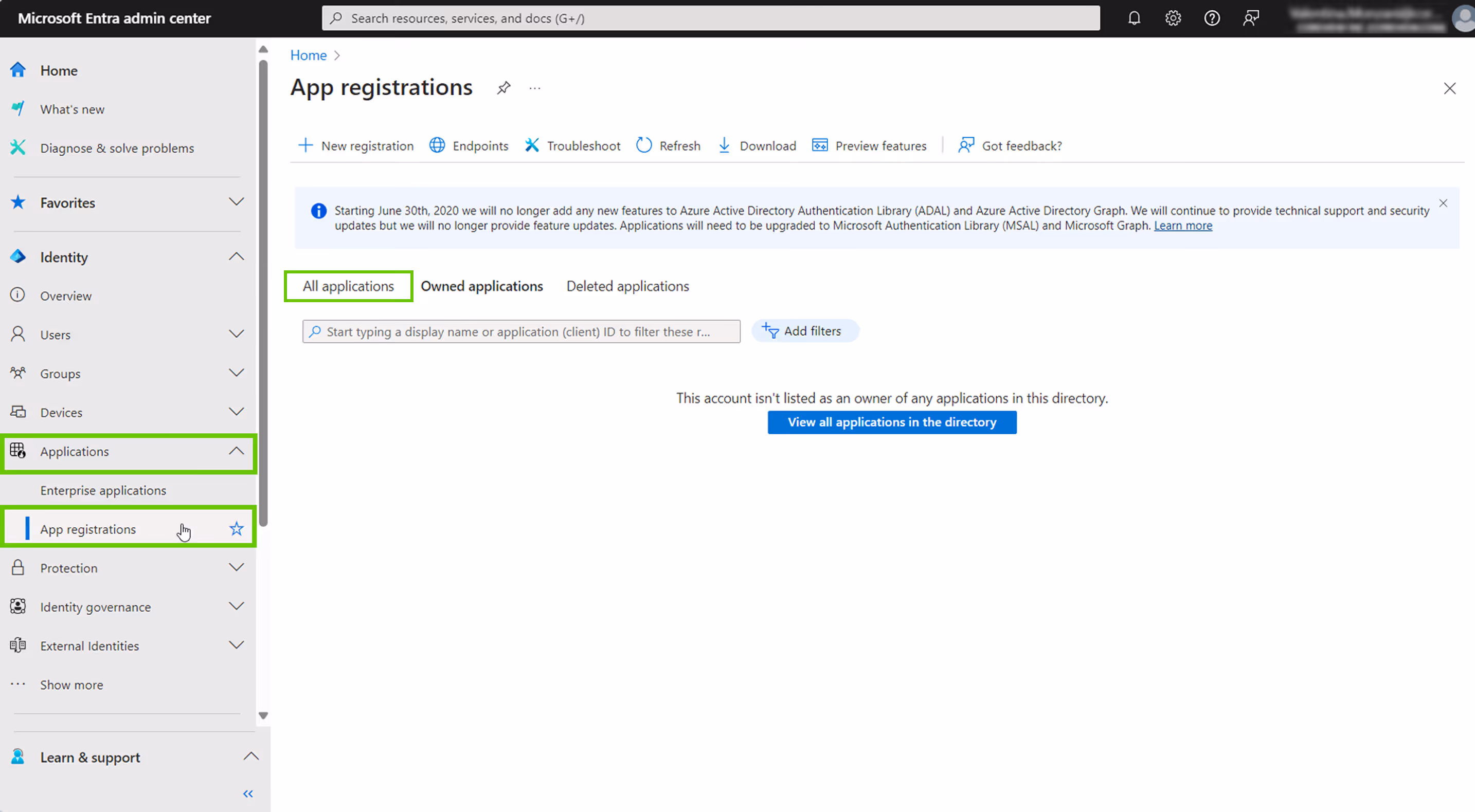 App Registrations Screen