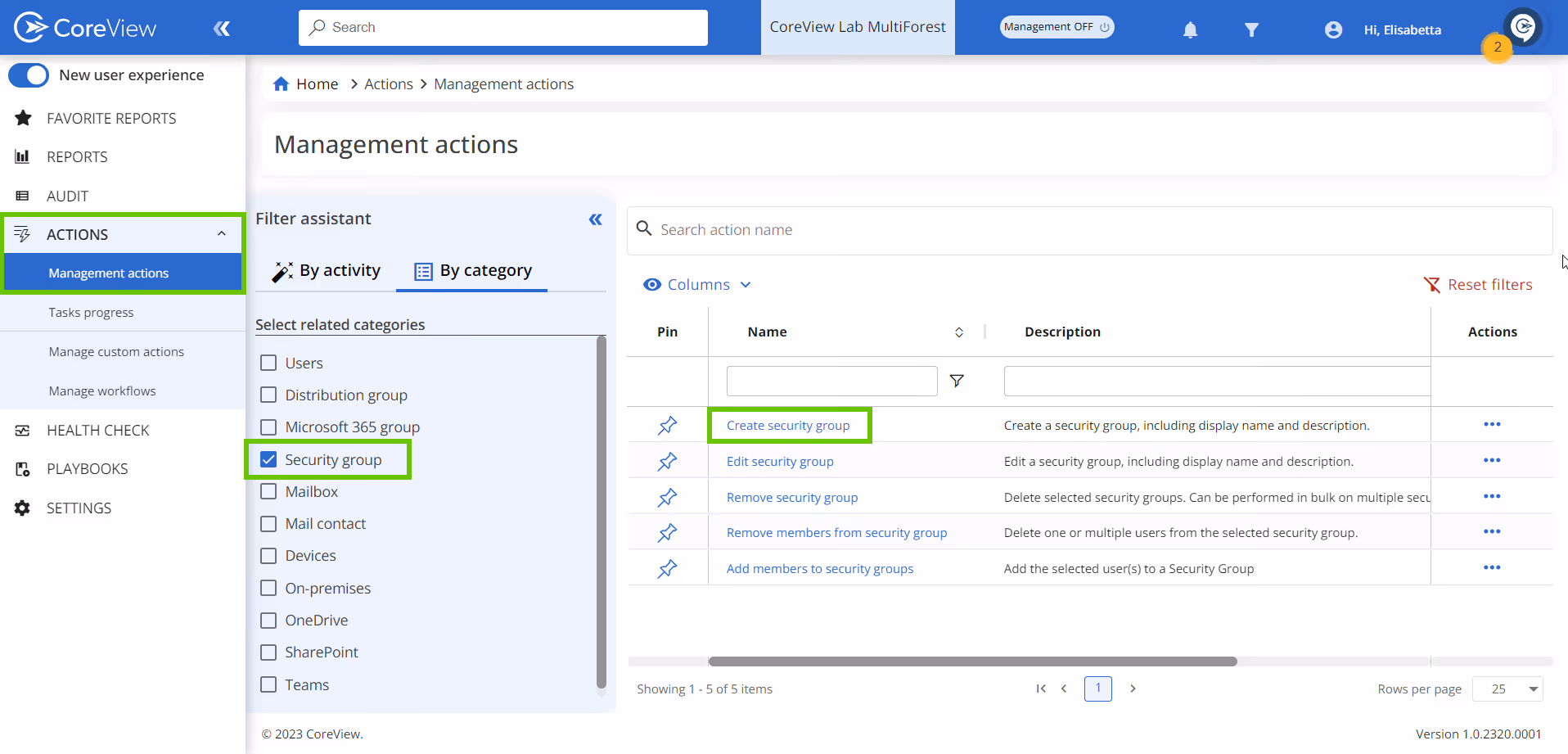 Create security group screen