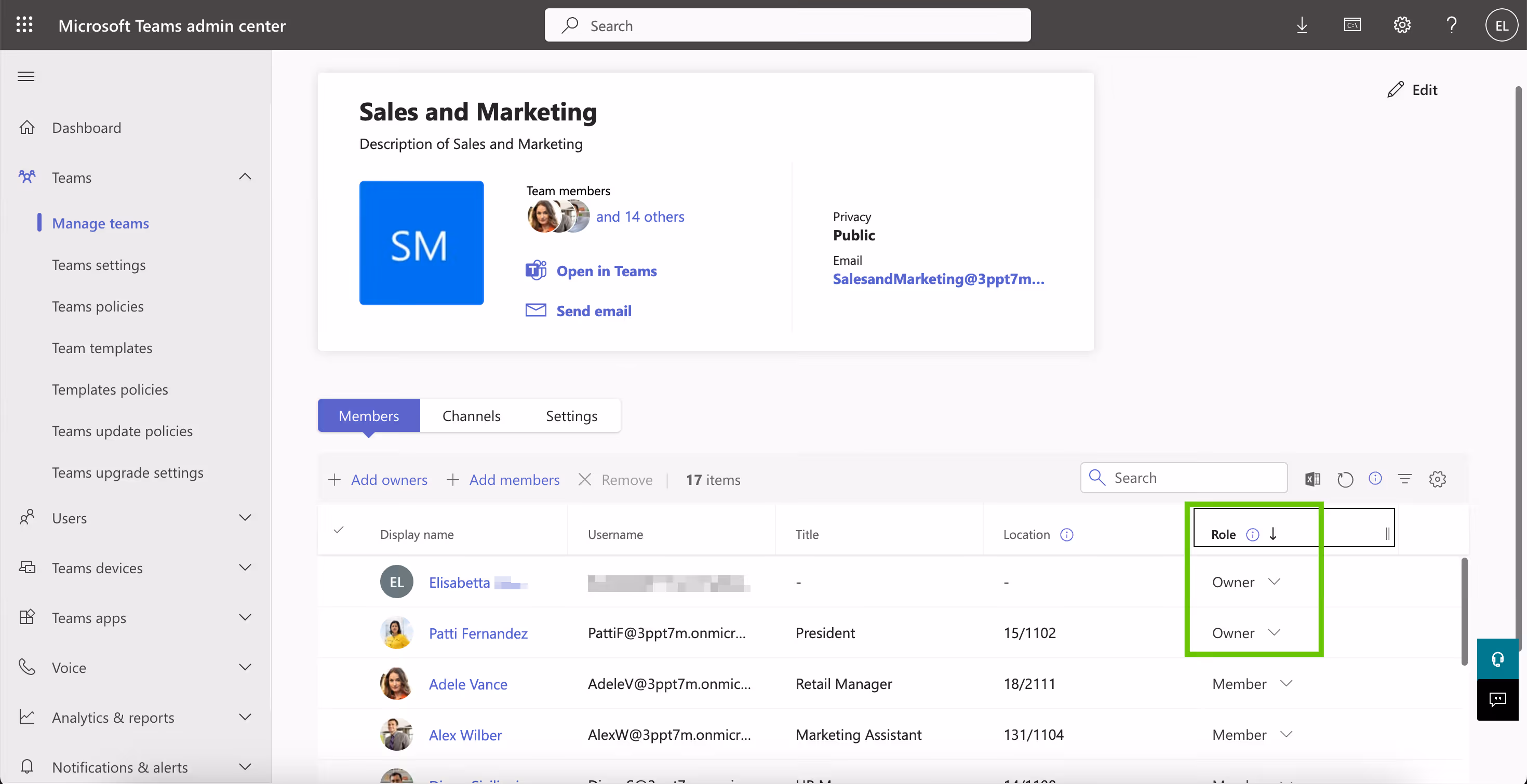 Sort by Roles screen