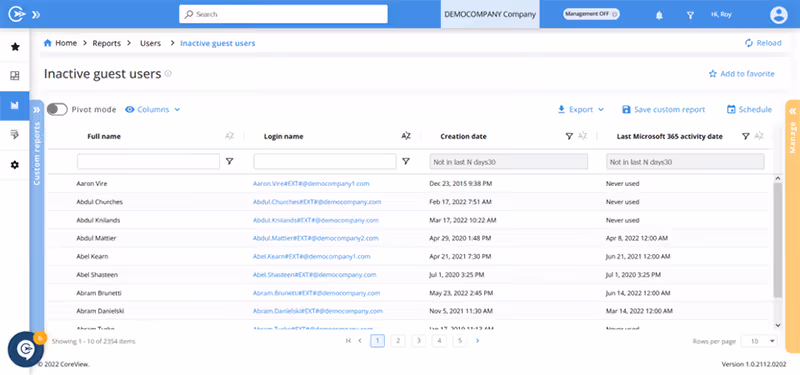 CoreView's Inactive guest users dashboard
