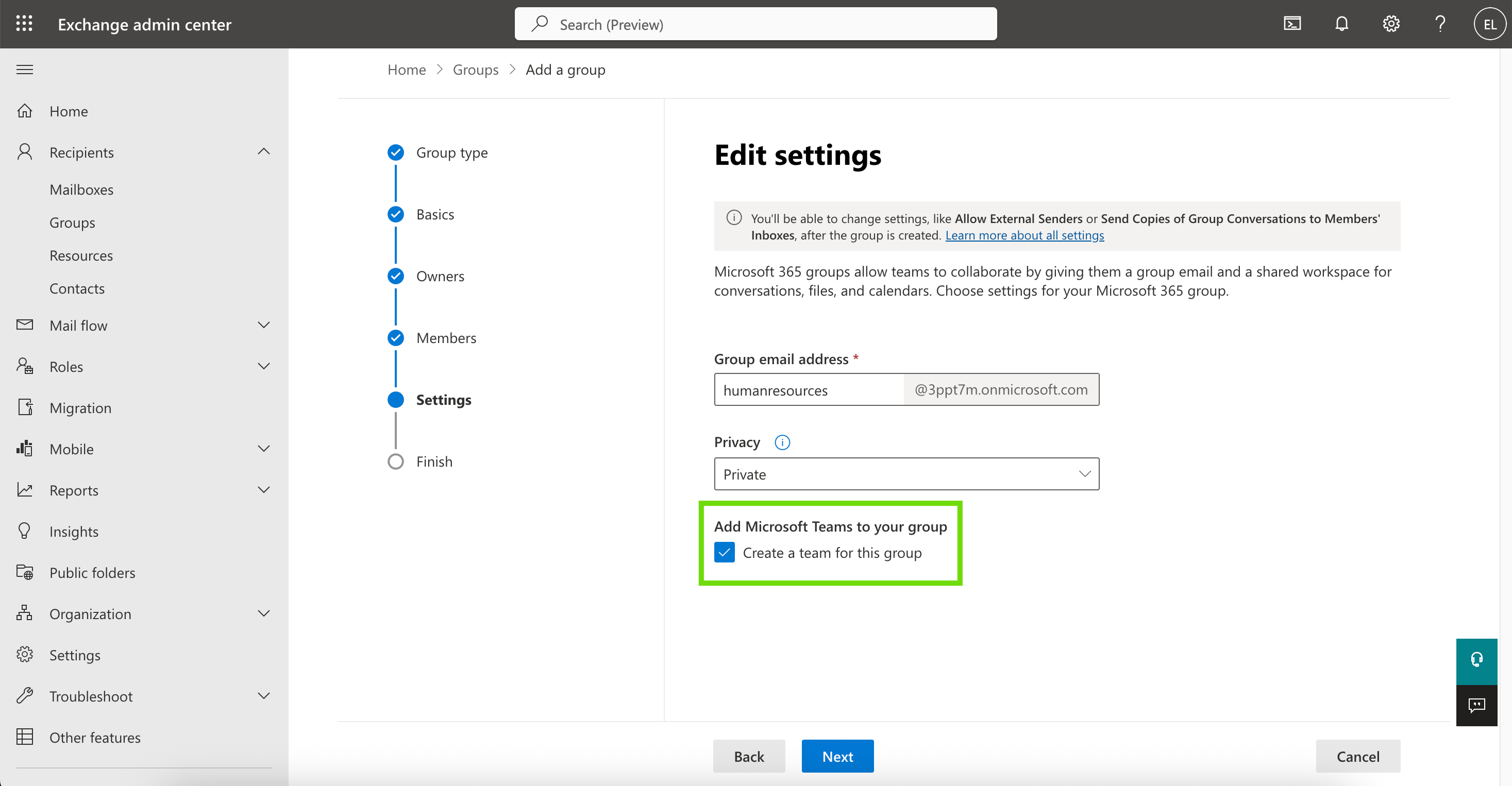 Add Microsoft Teams to Group screenshot