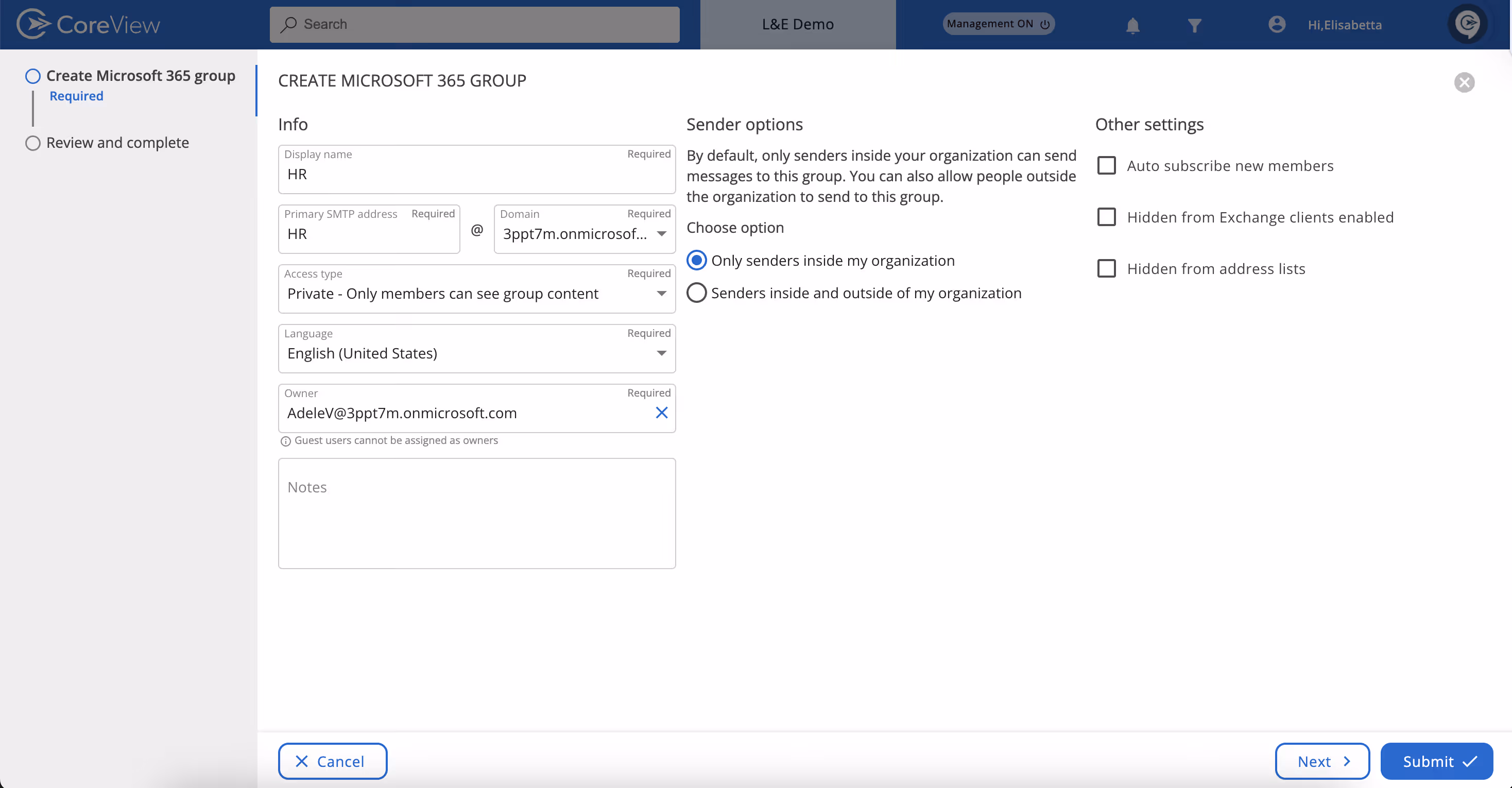 The “Create M365 Group” wizard will appear screenshot