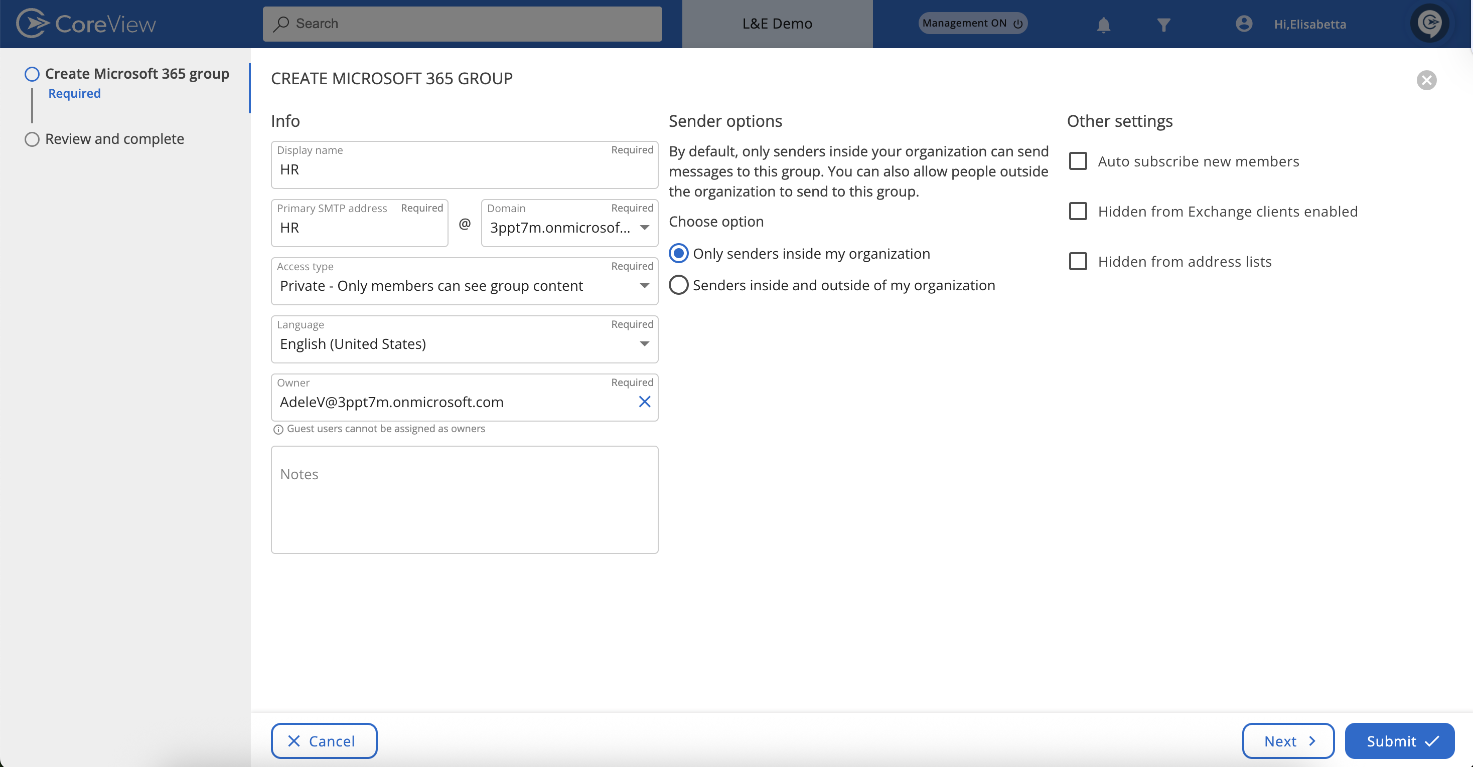 The “Create M365 Group” wizard will appear screenshot