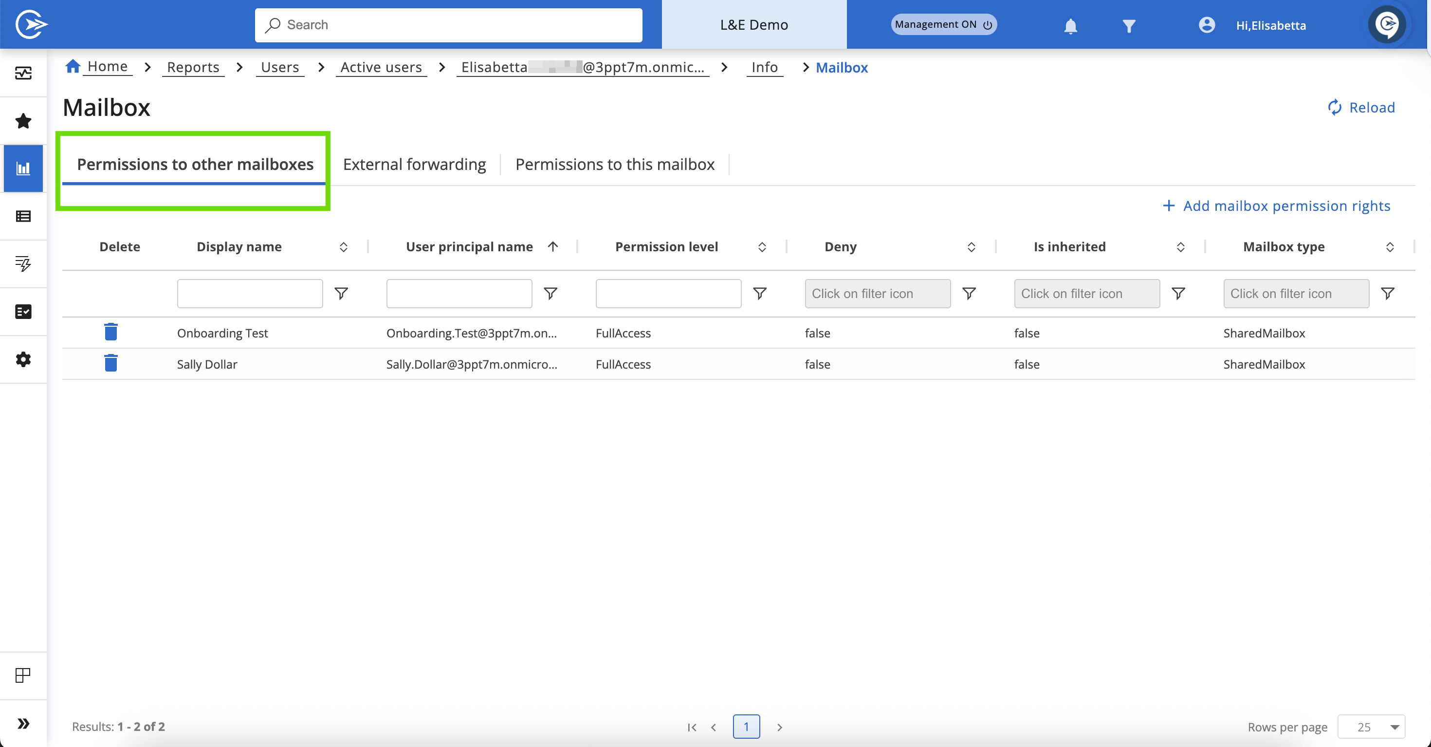 Permissions to other mailboxes screen