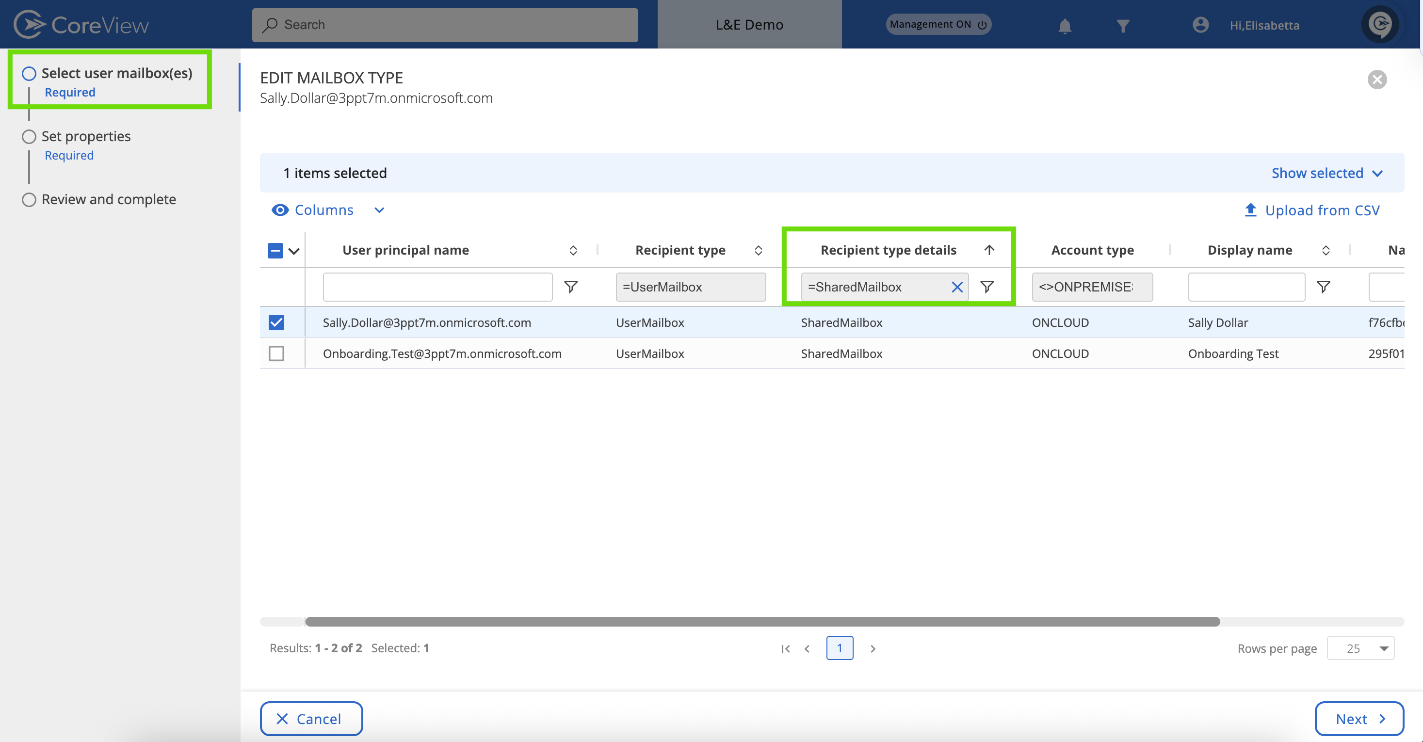 Recipient type details screen