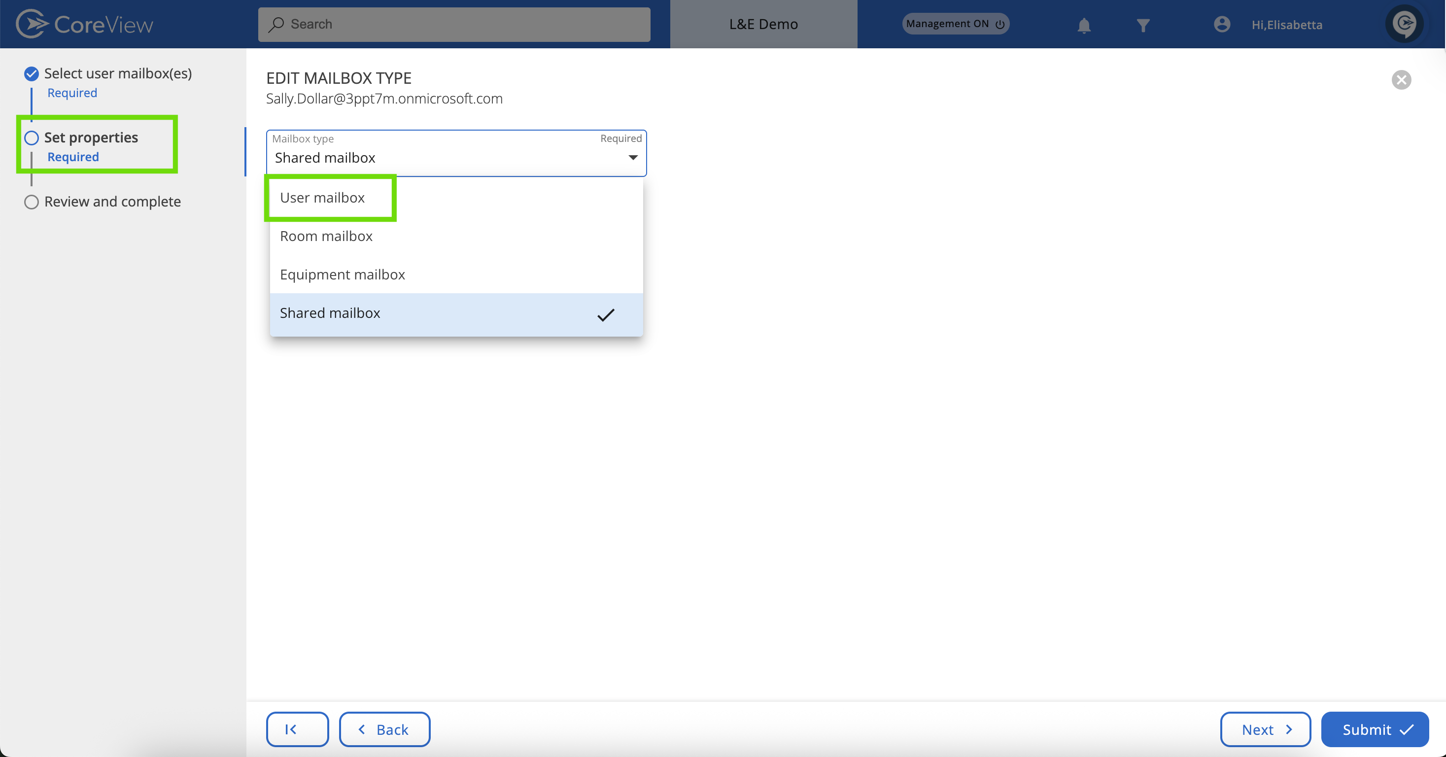 Set mailbox type screen