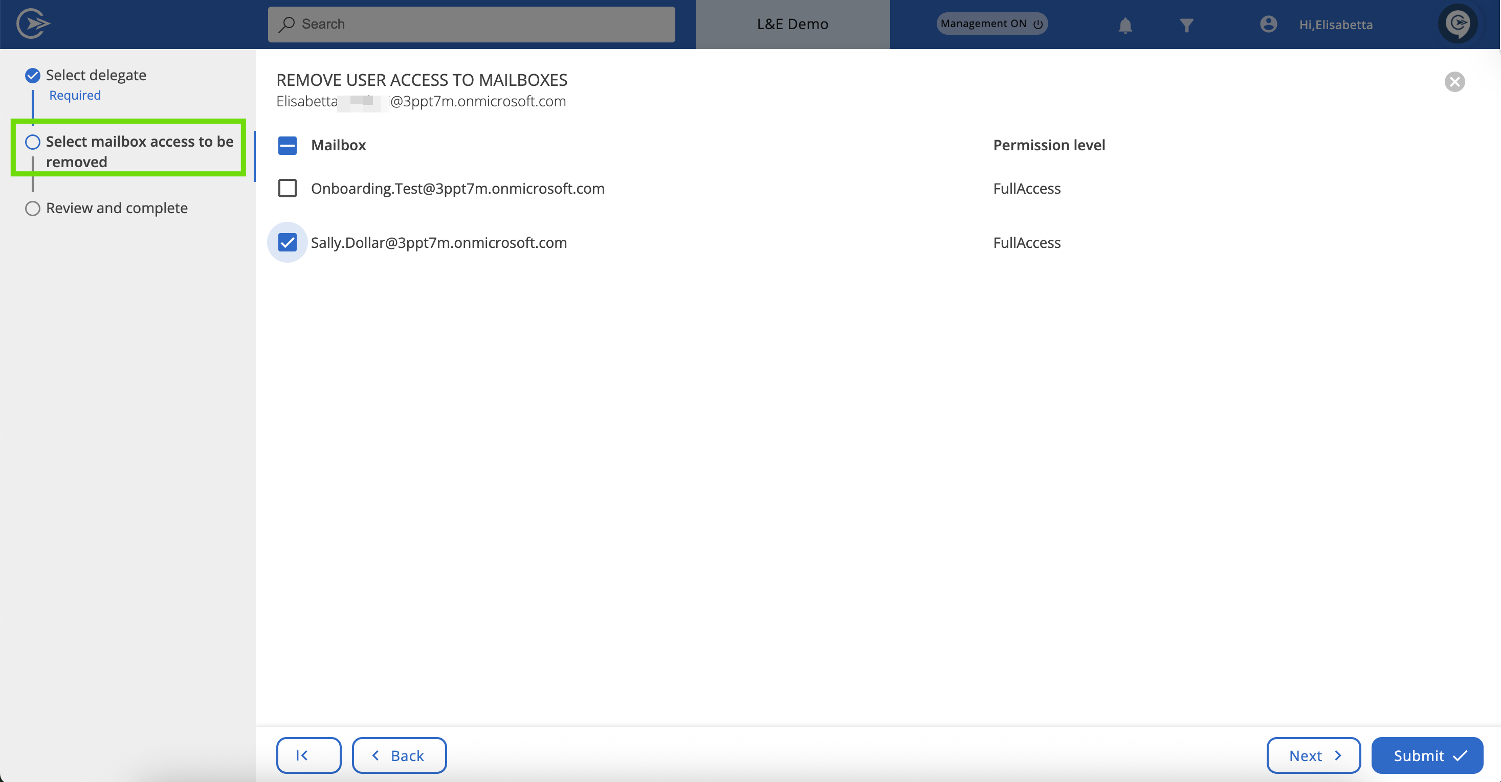 Select user and and click submit screen