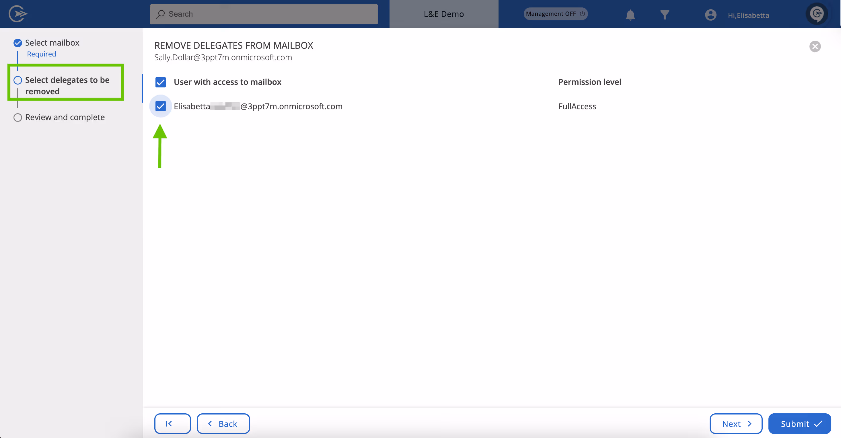 Select delegate mailbox to be removed