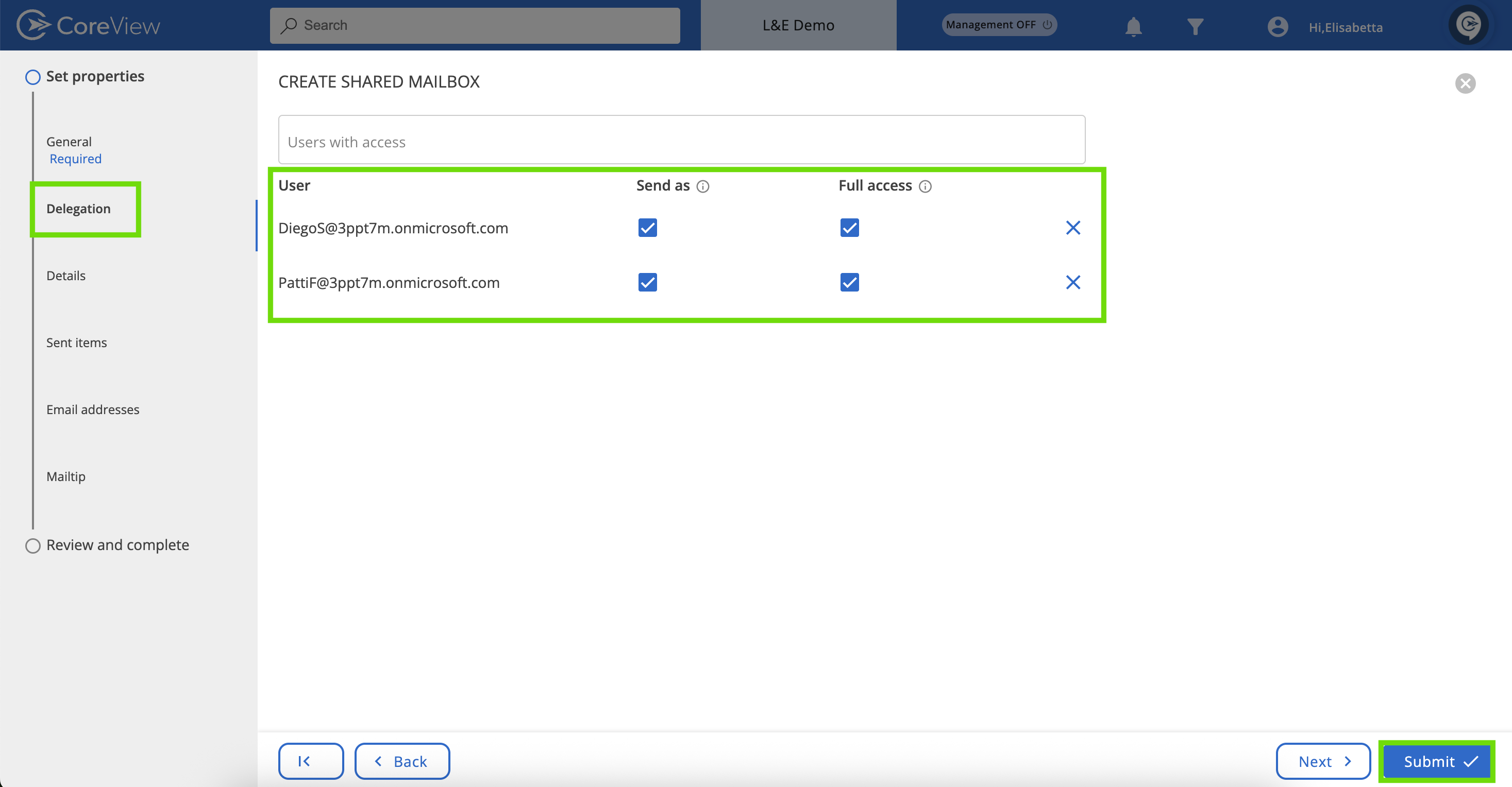Delegation tab screen