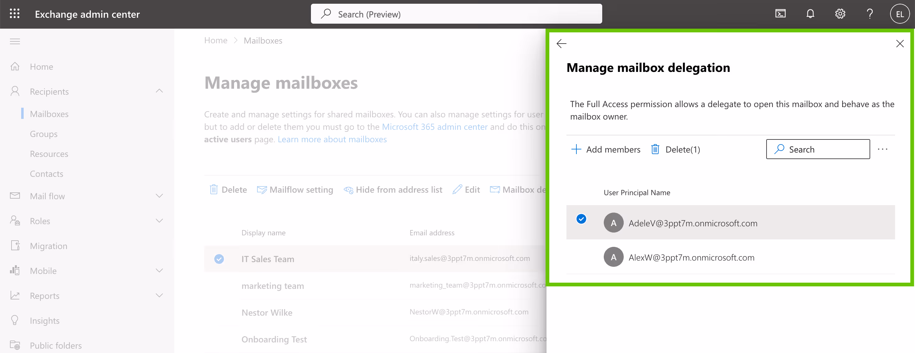 eview Full Access, Send As, and Send on Behalf permissions screen 2