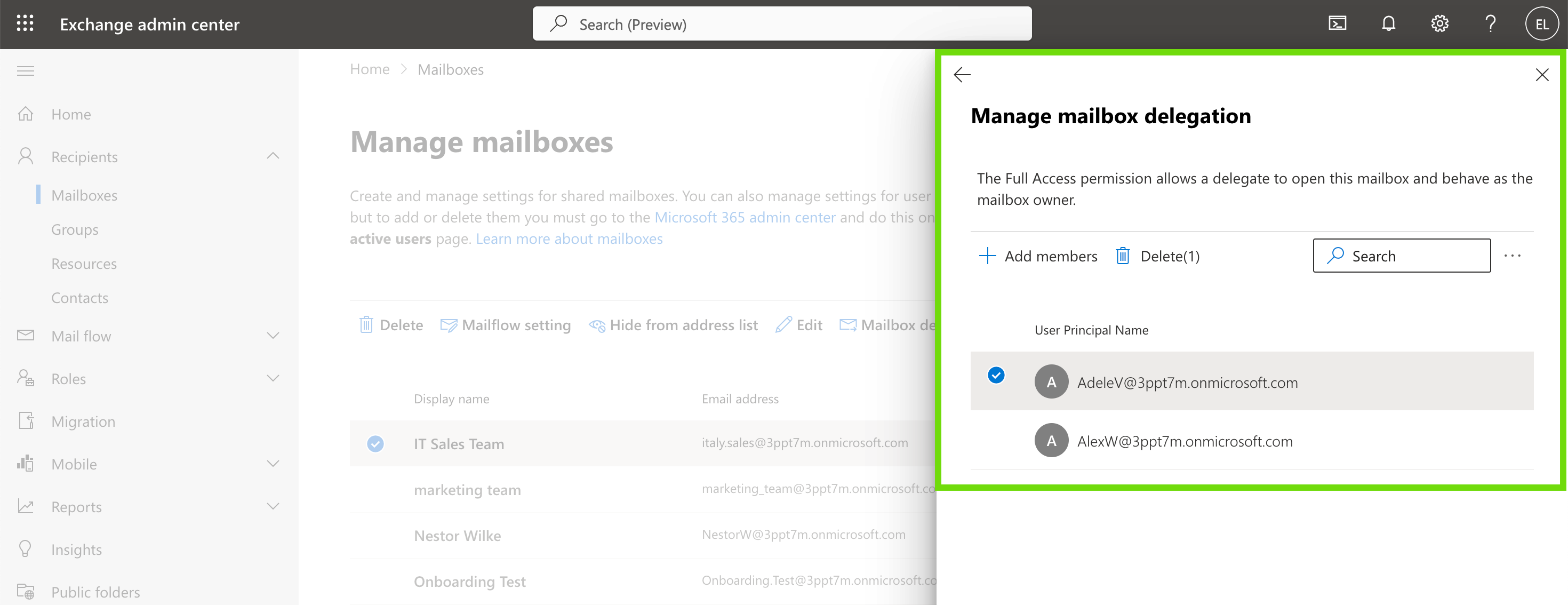 eview Full Access, Send As, and Send on Behalf permissions screen 2