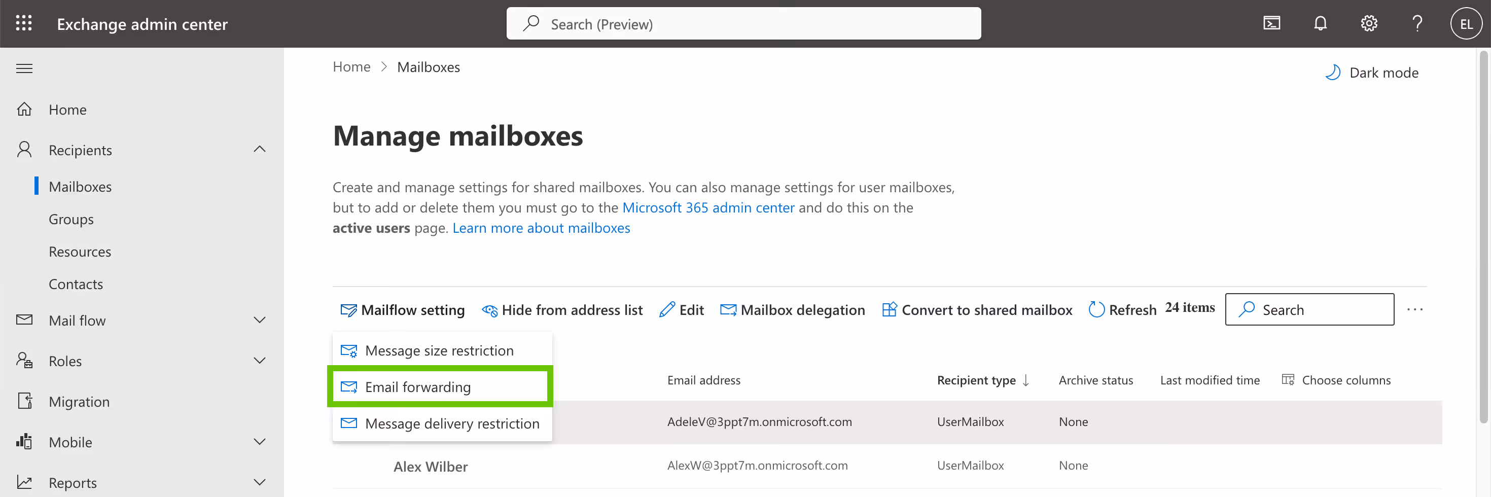 Email forwarding screen