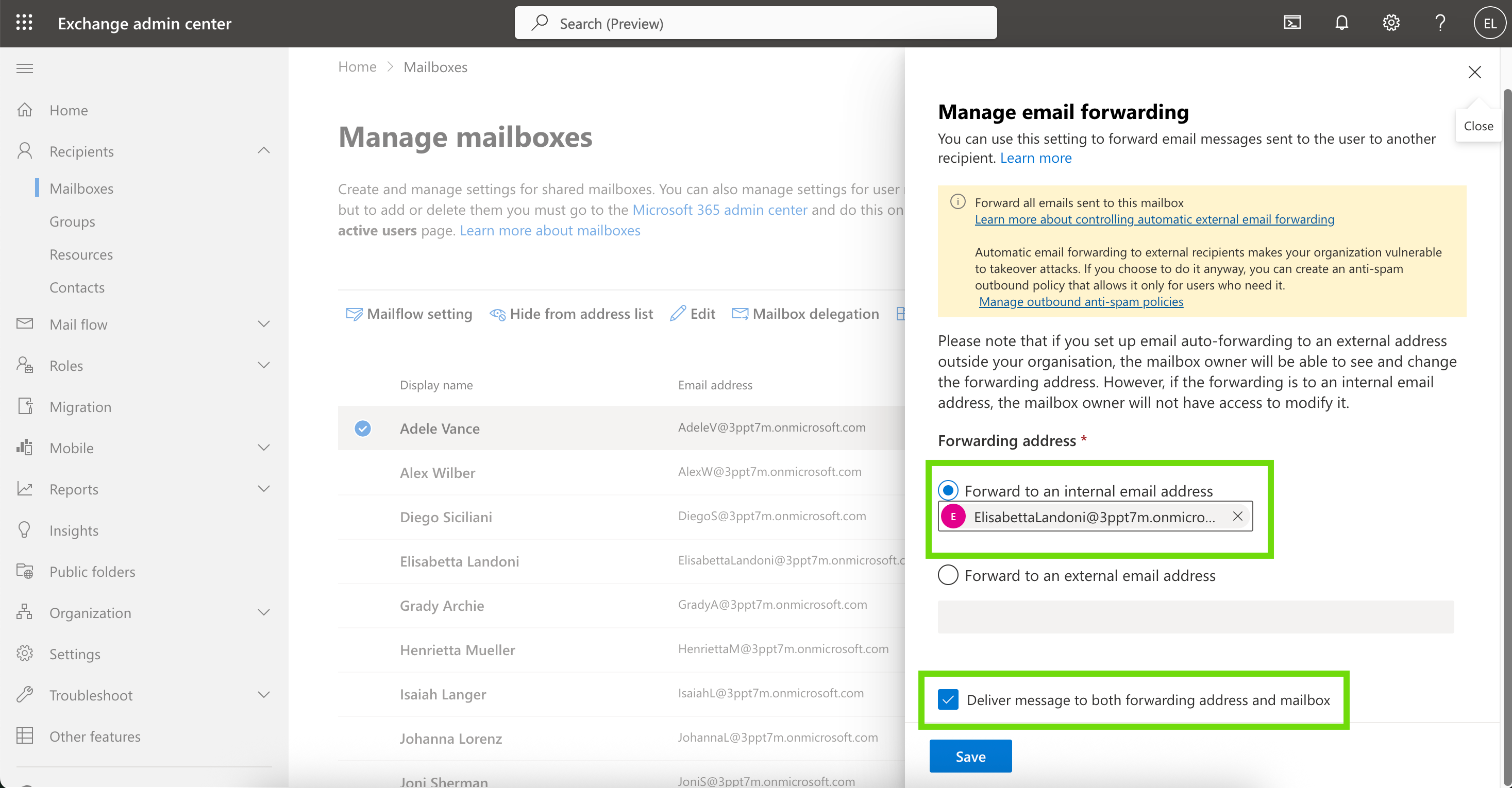 Deliver message to both forwarding address and mailbox