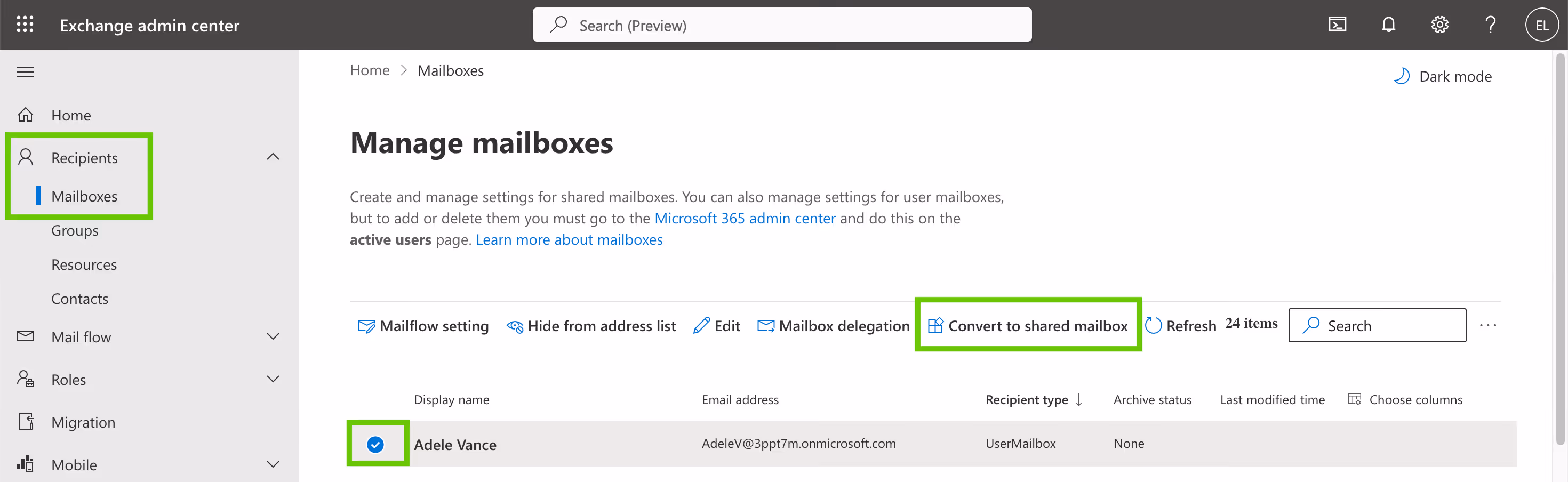 Convert to shared mailbox screen
