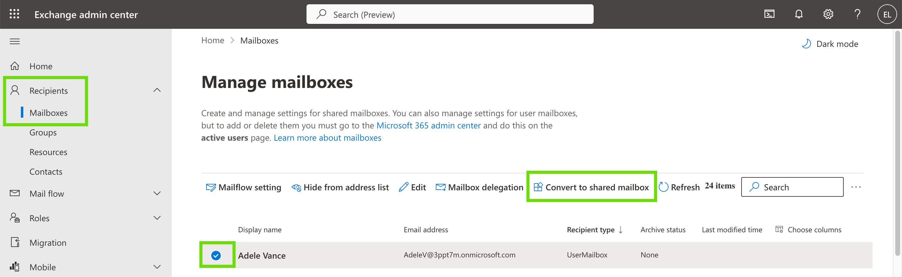 Convert to shared mailbox screen