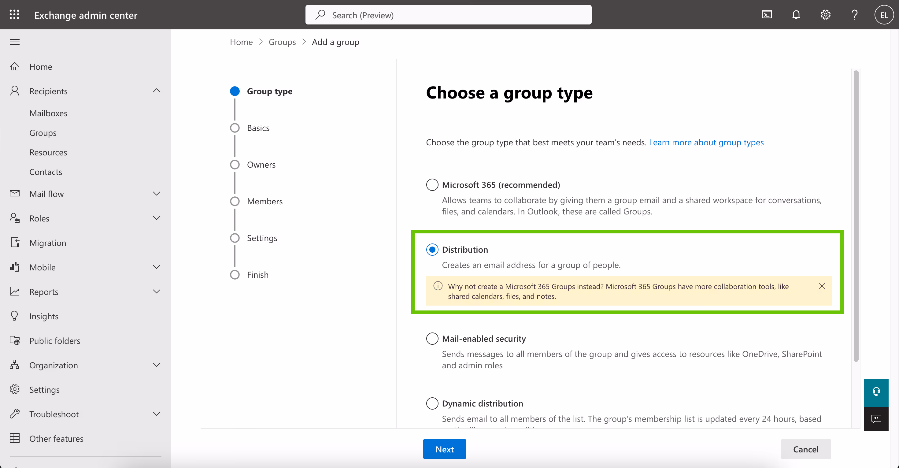 Distribution selection screen