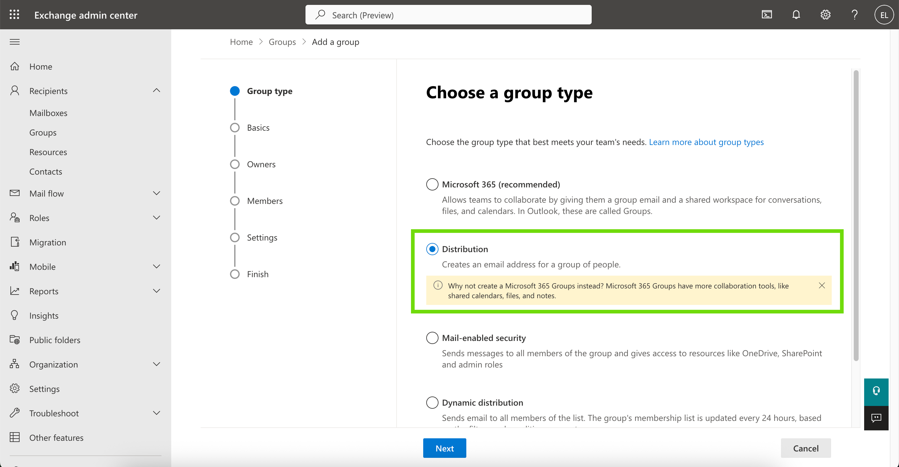 Distribution selection screen