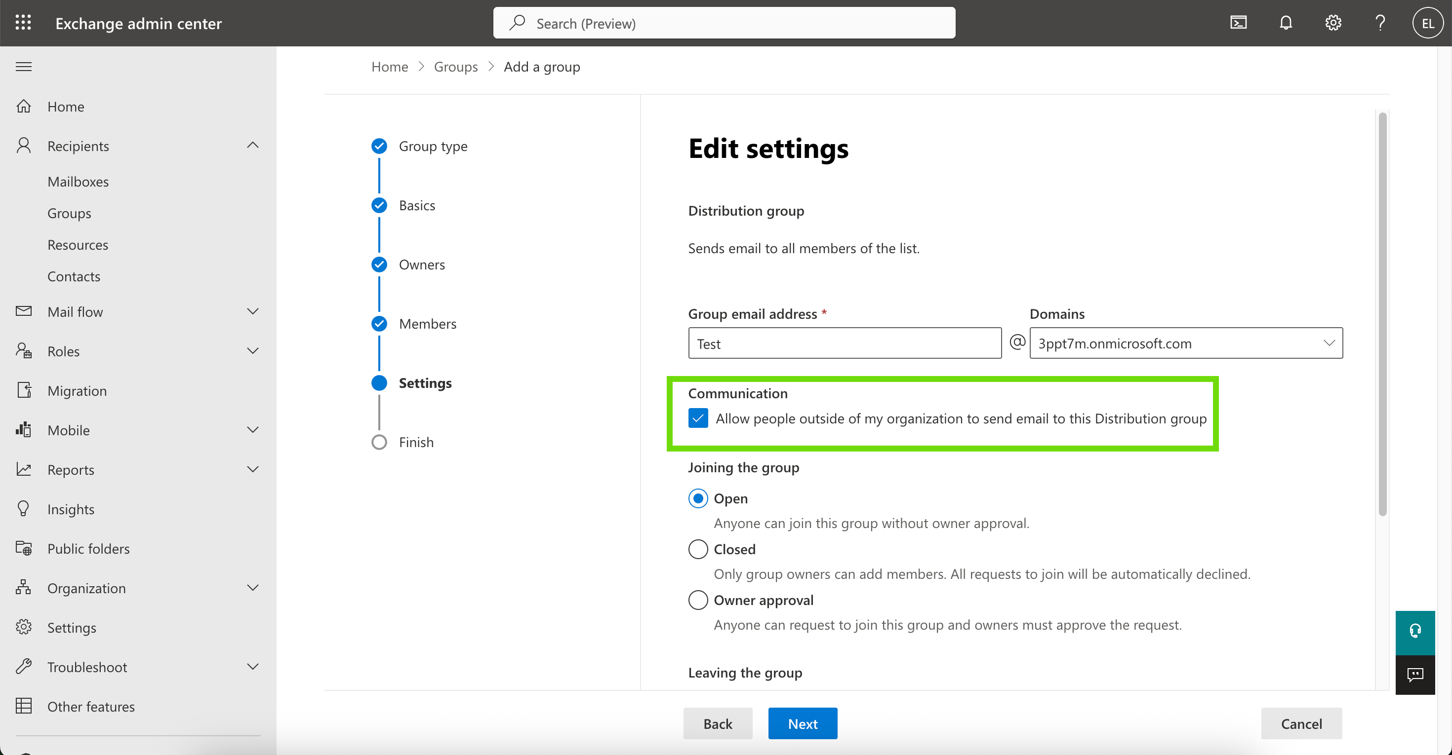 Communications settings screen