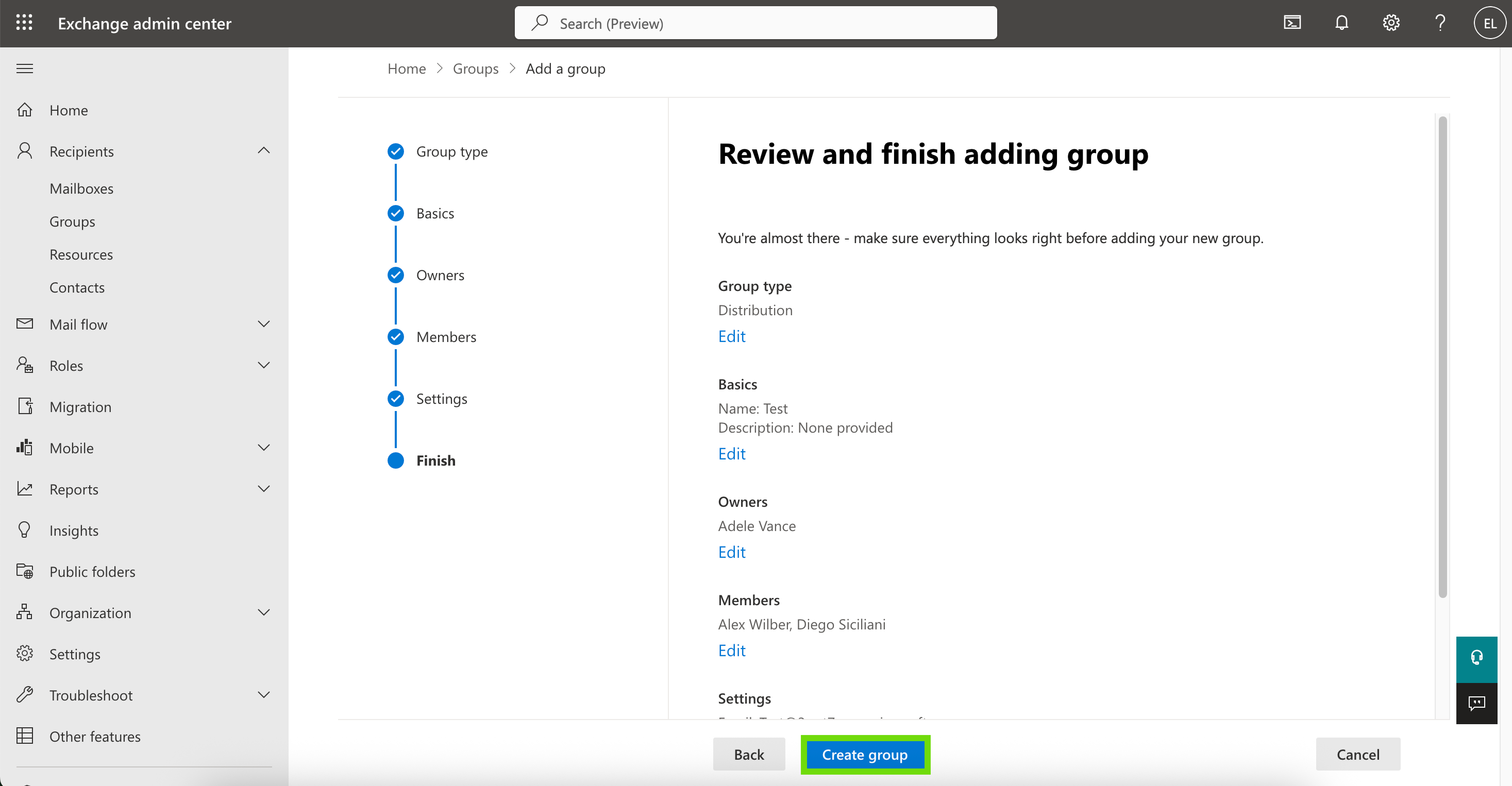 Create group screen