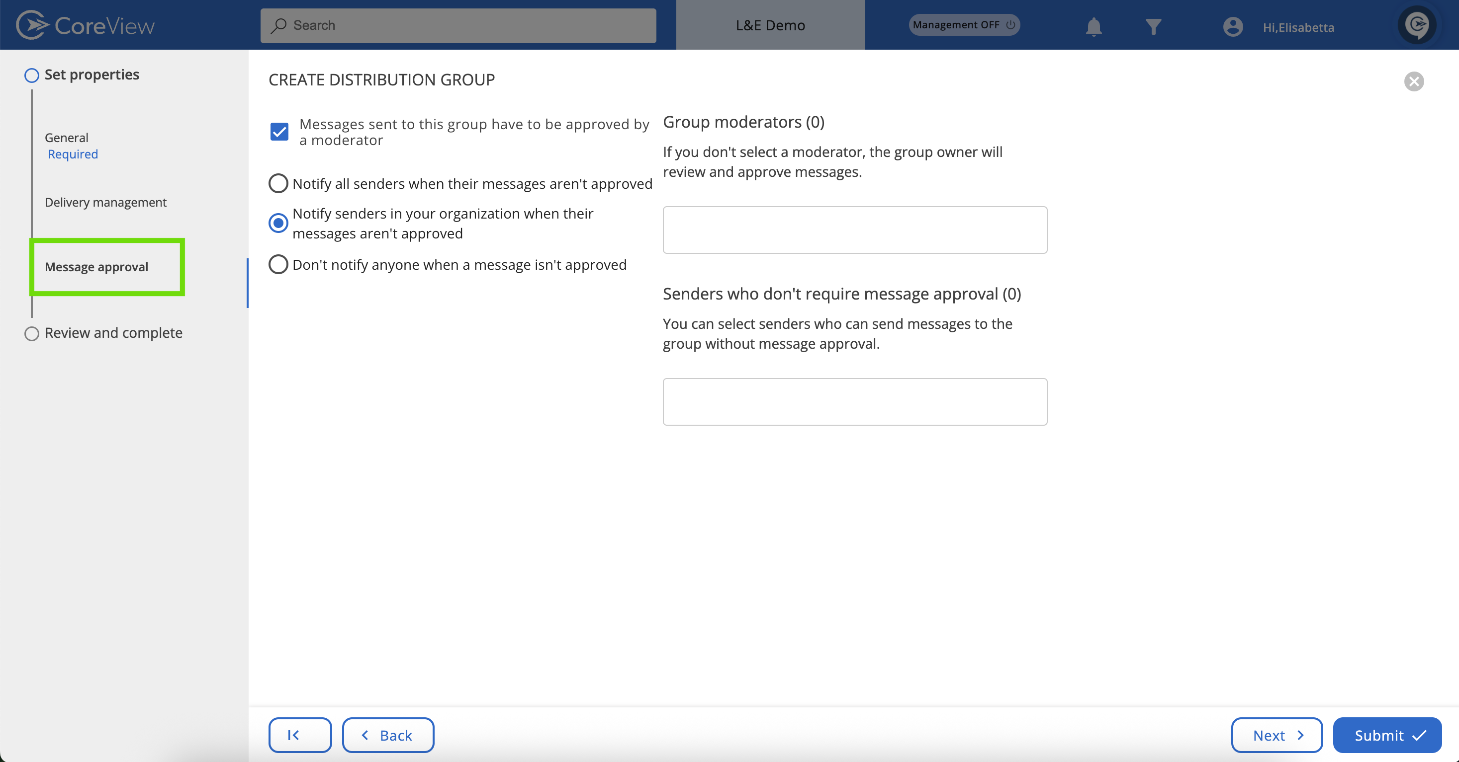 Message approval screen