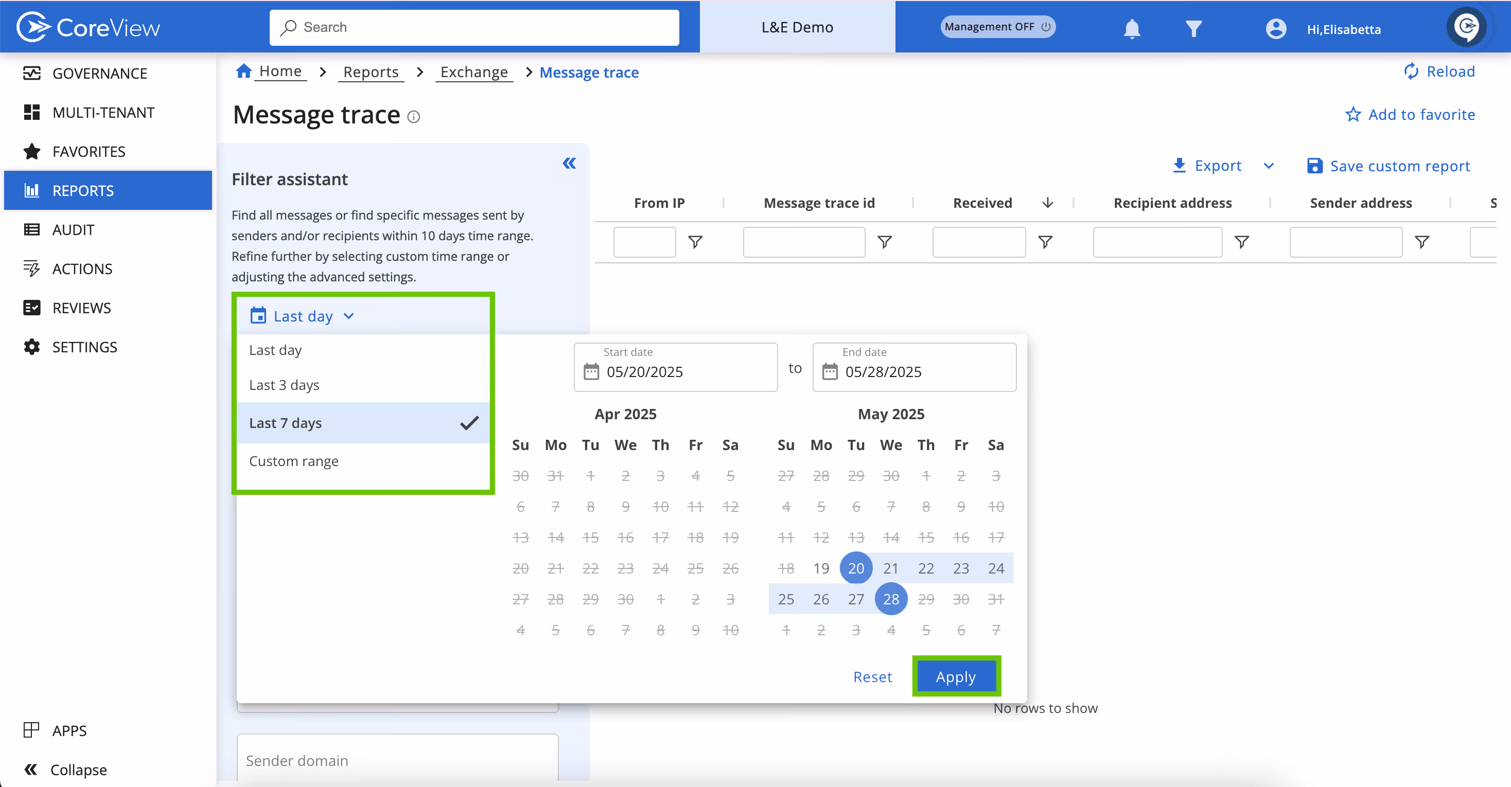 Message Trace Criteria screen