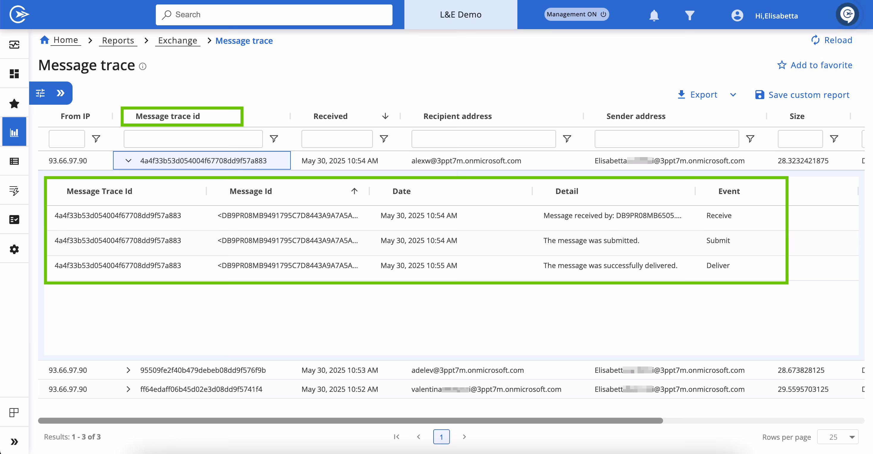MessageTraceID screen
