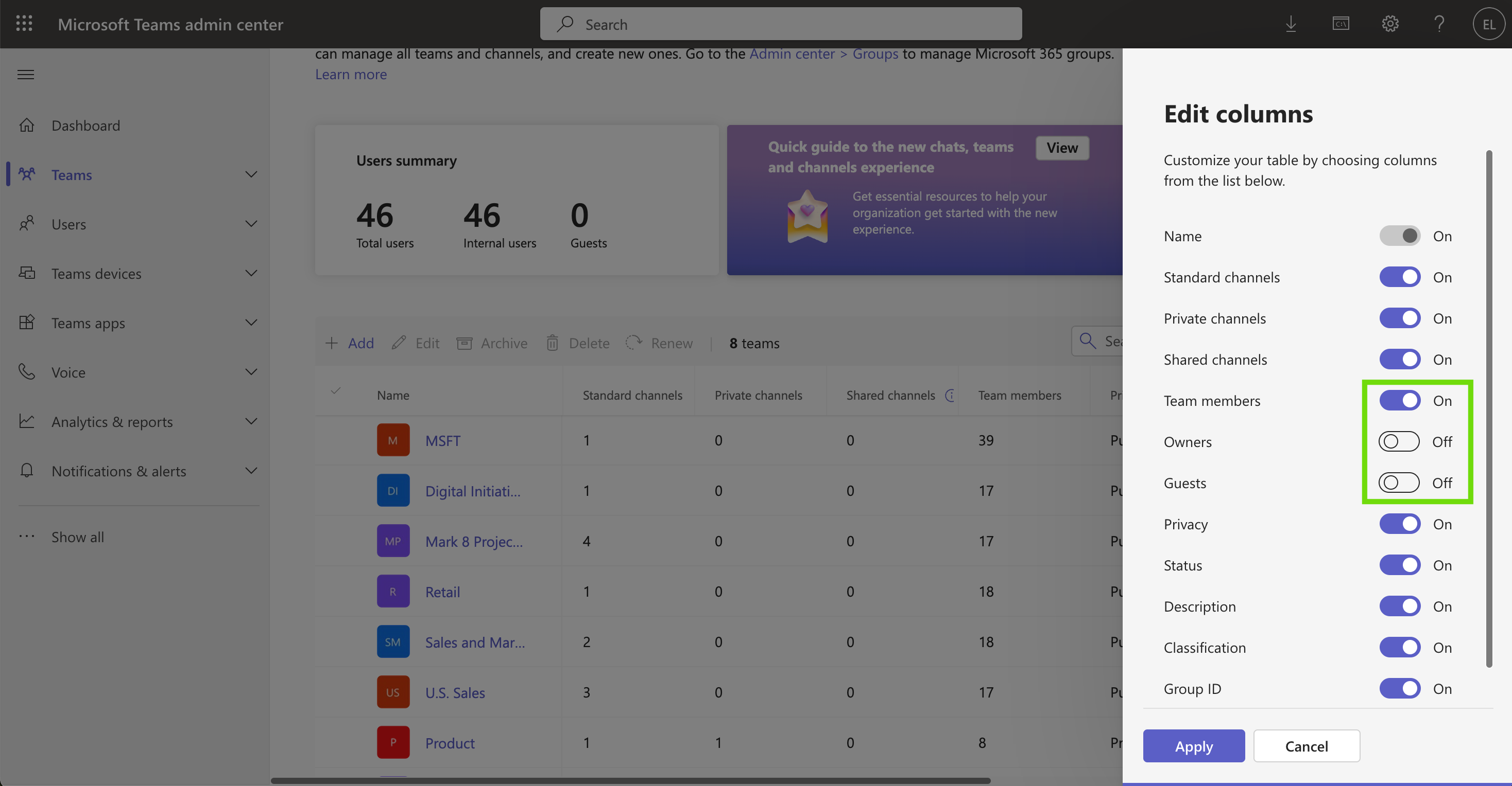 Manage teams screen