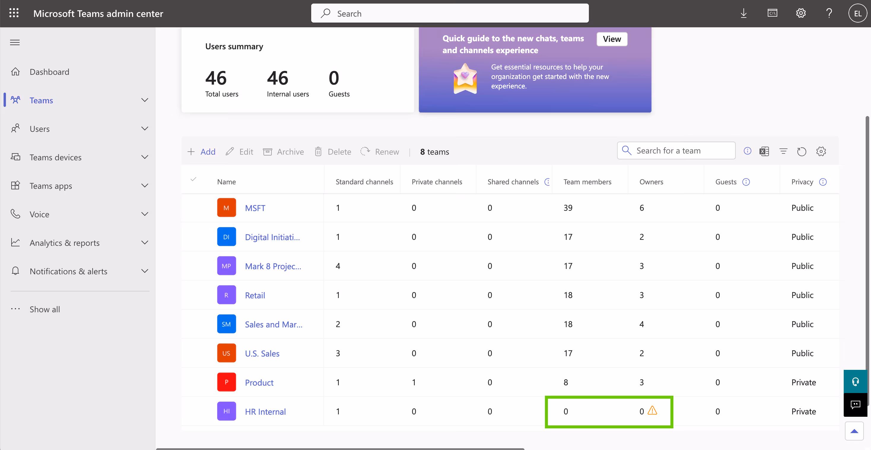 Manage Teams additional screen