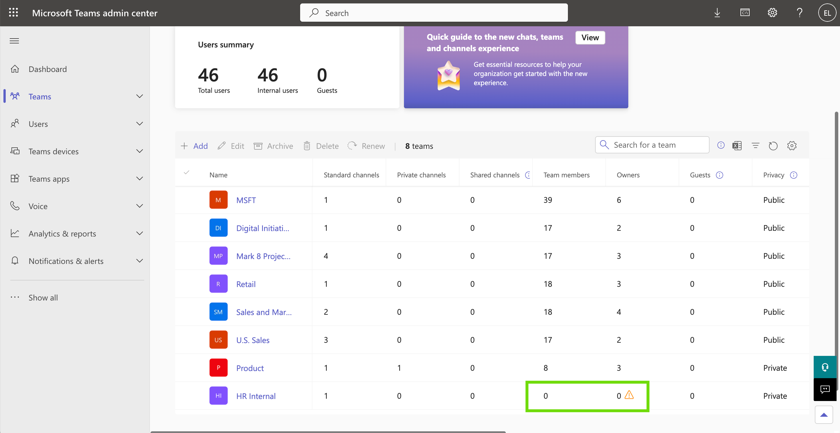 Manage Teams additional screen