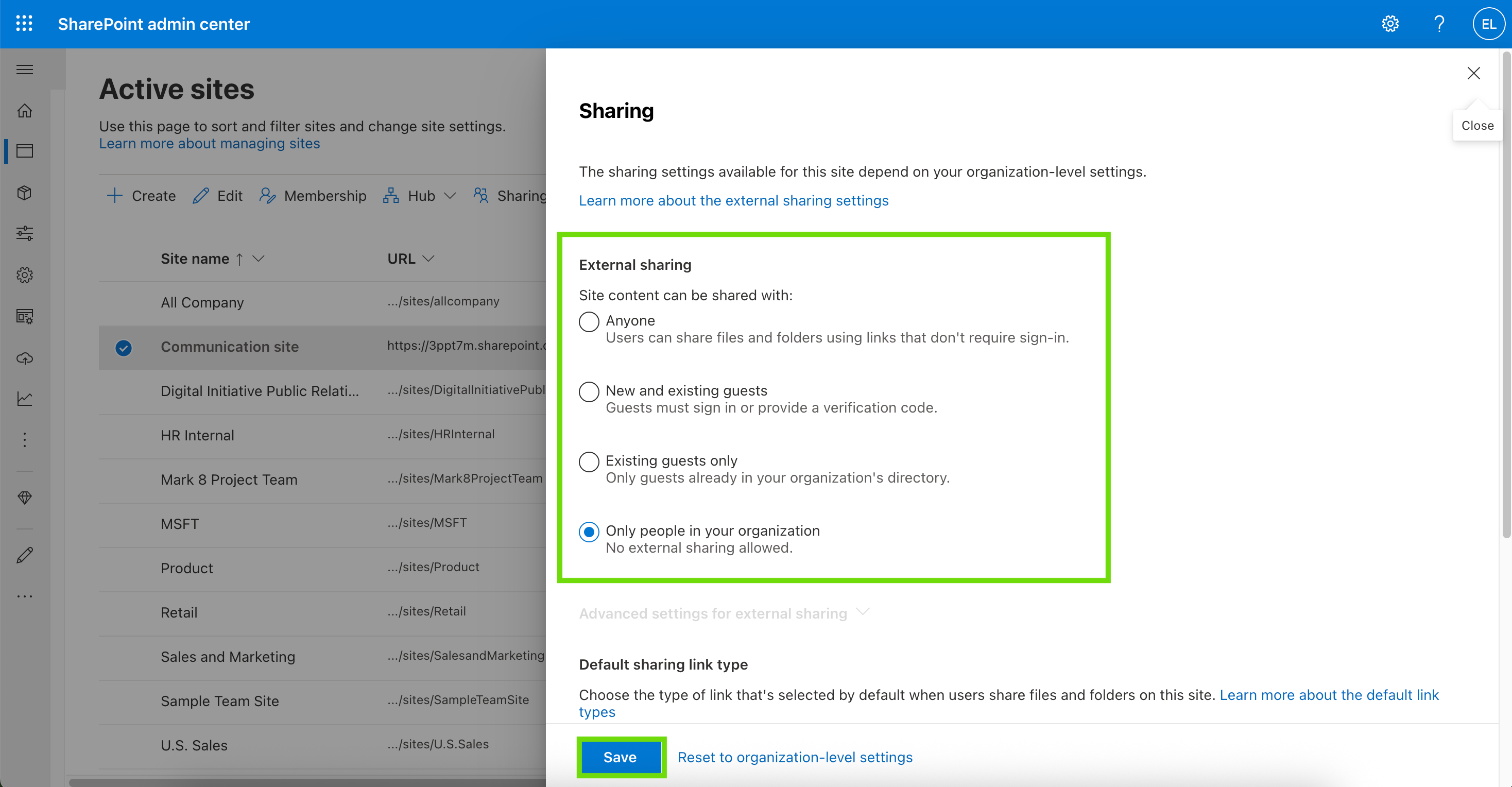 External sharing screen