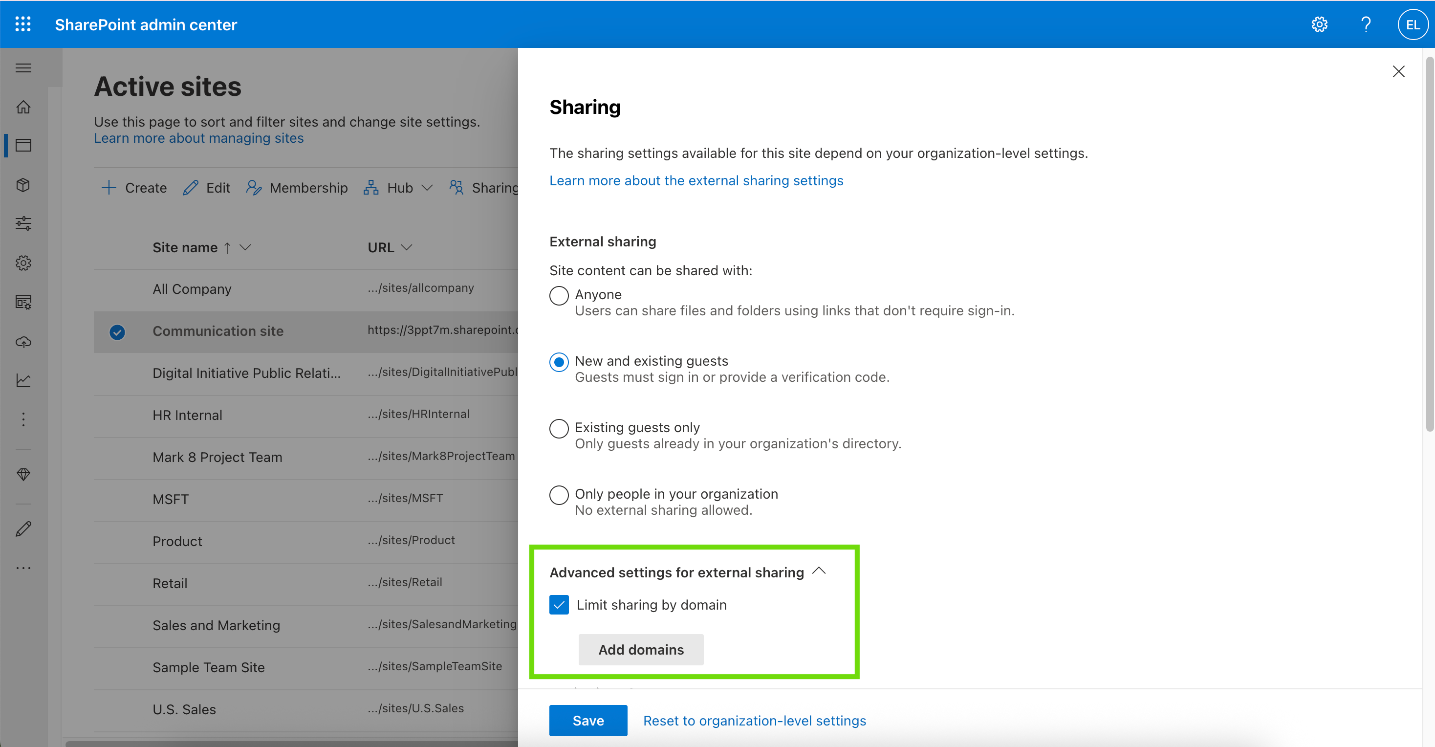 Limit sharing by domain screen