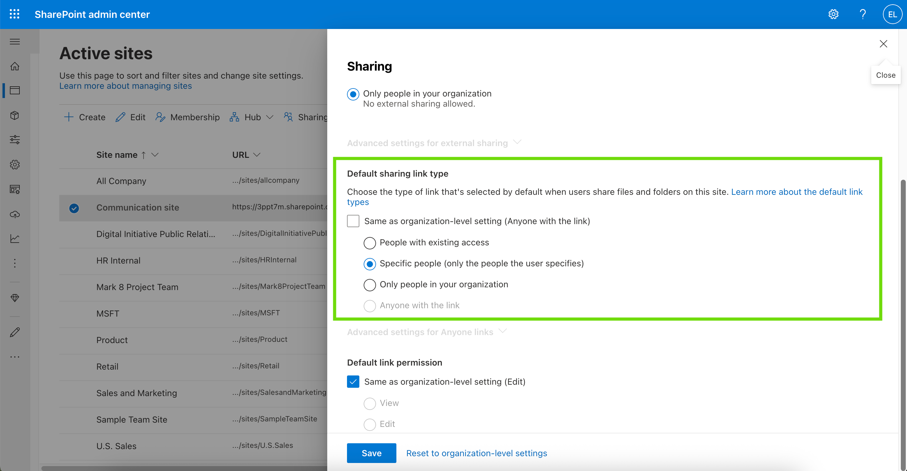 Default sharing link type screen