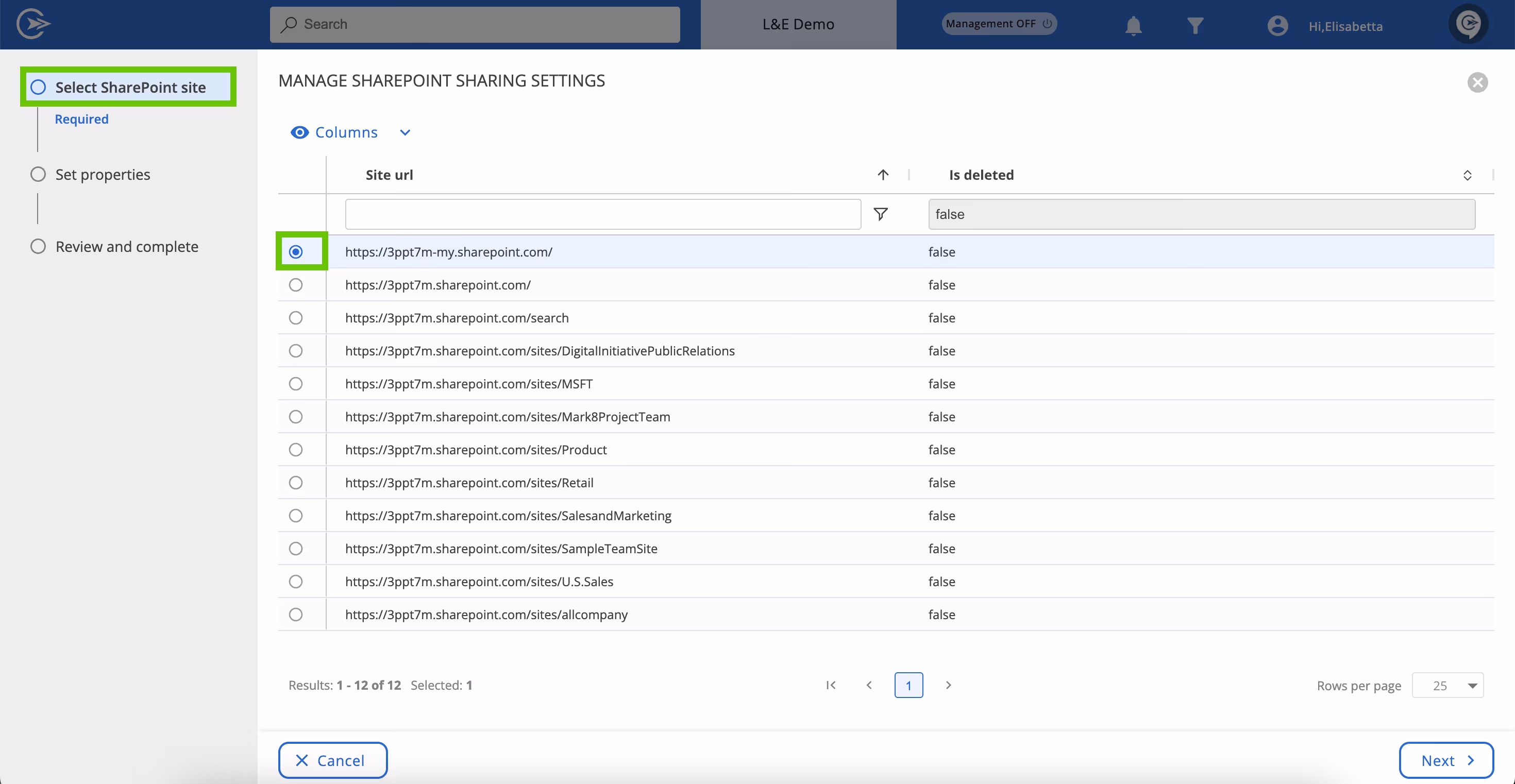 Select Sharepoint site screen