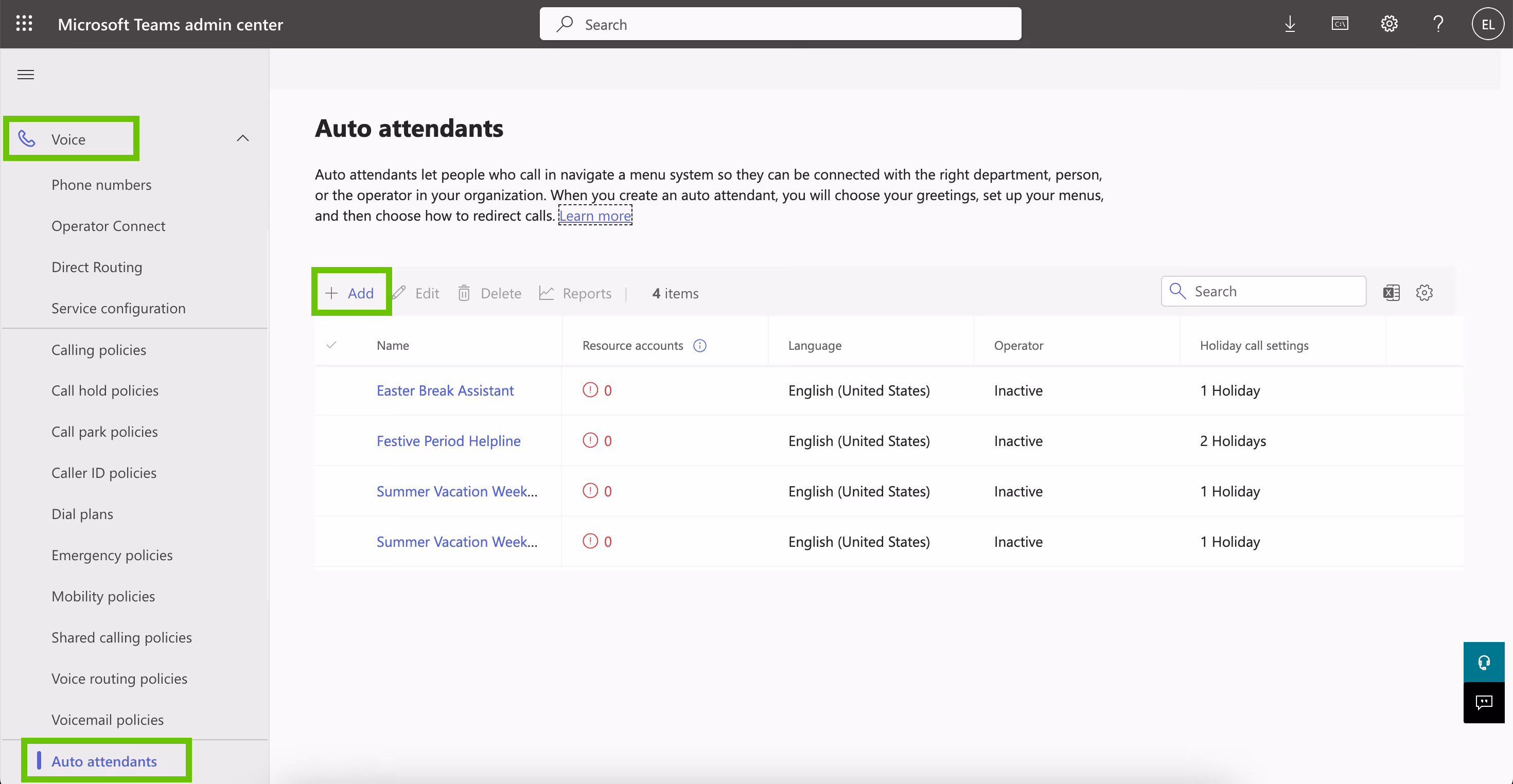 Auto Attendants screen