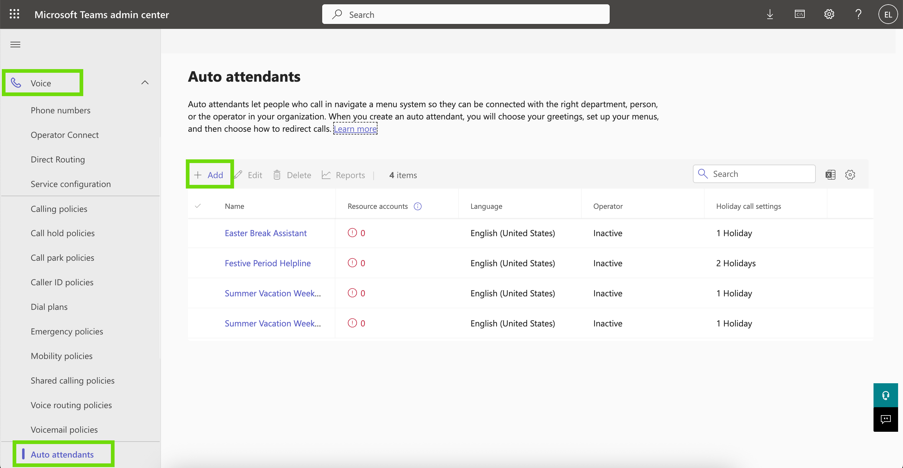 Auto Attendants screen