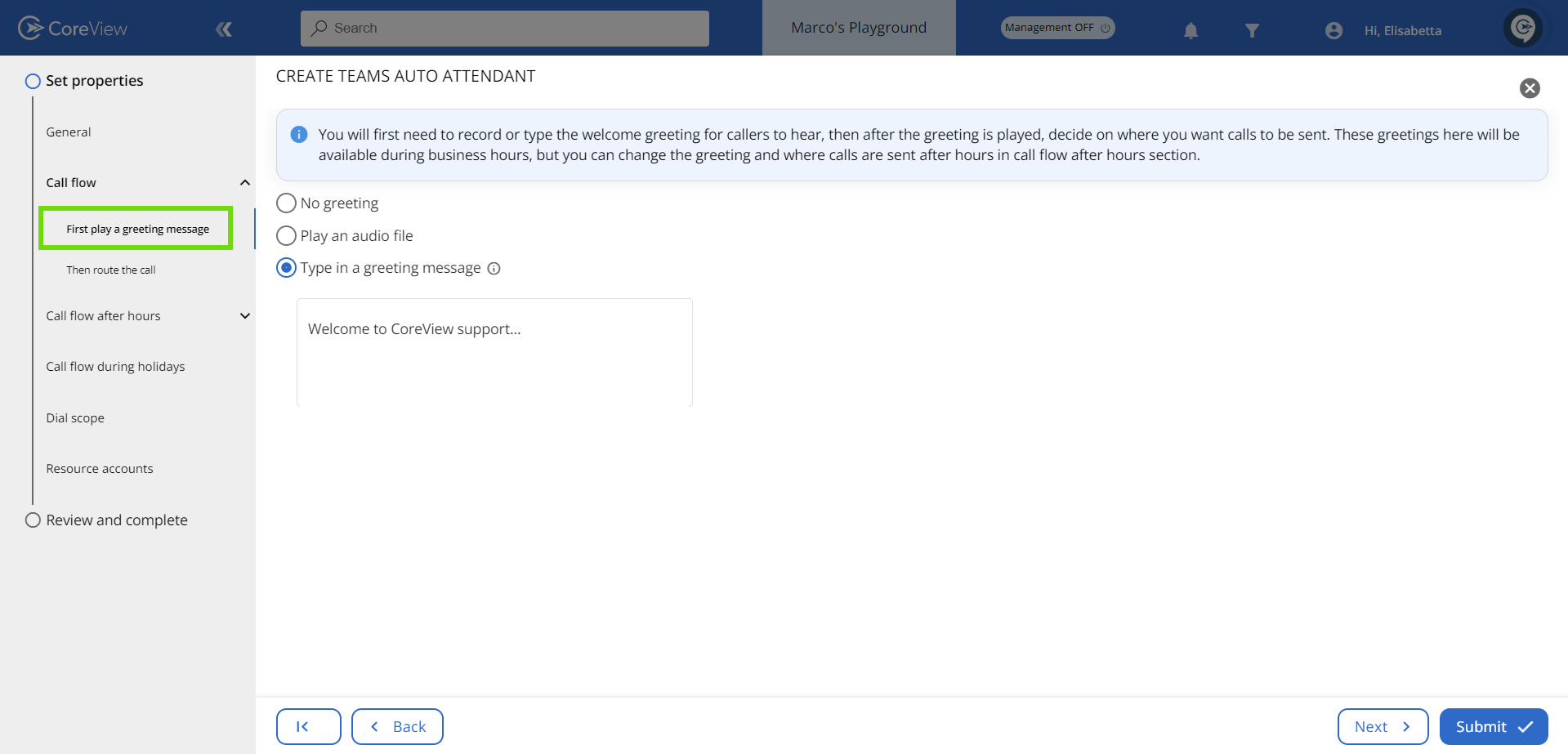 Greeting message screen