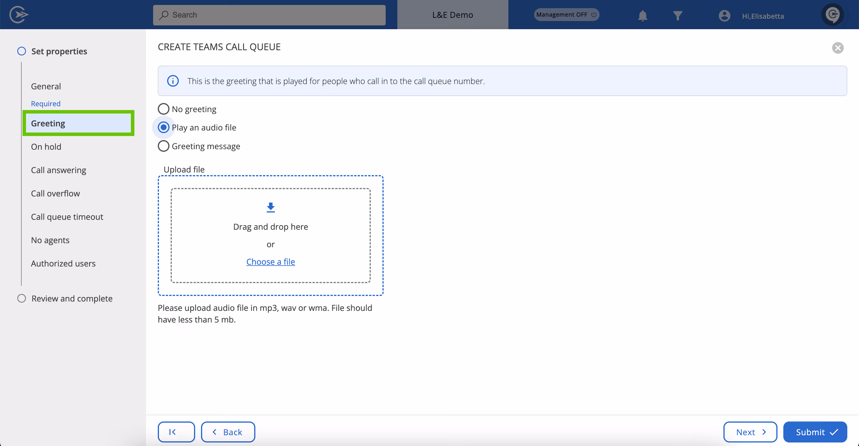 Greeting message screen