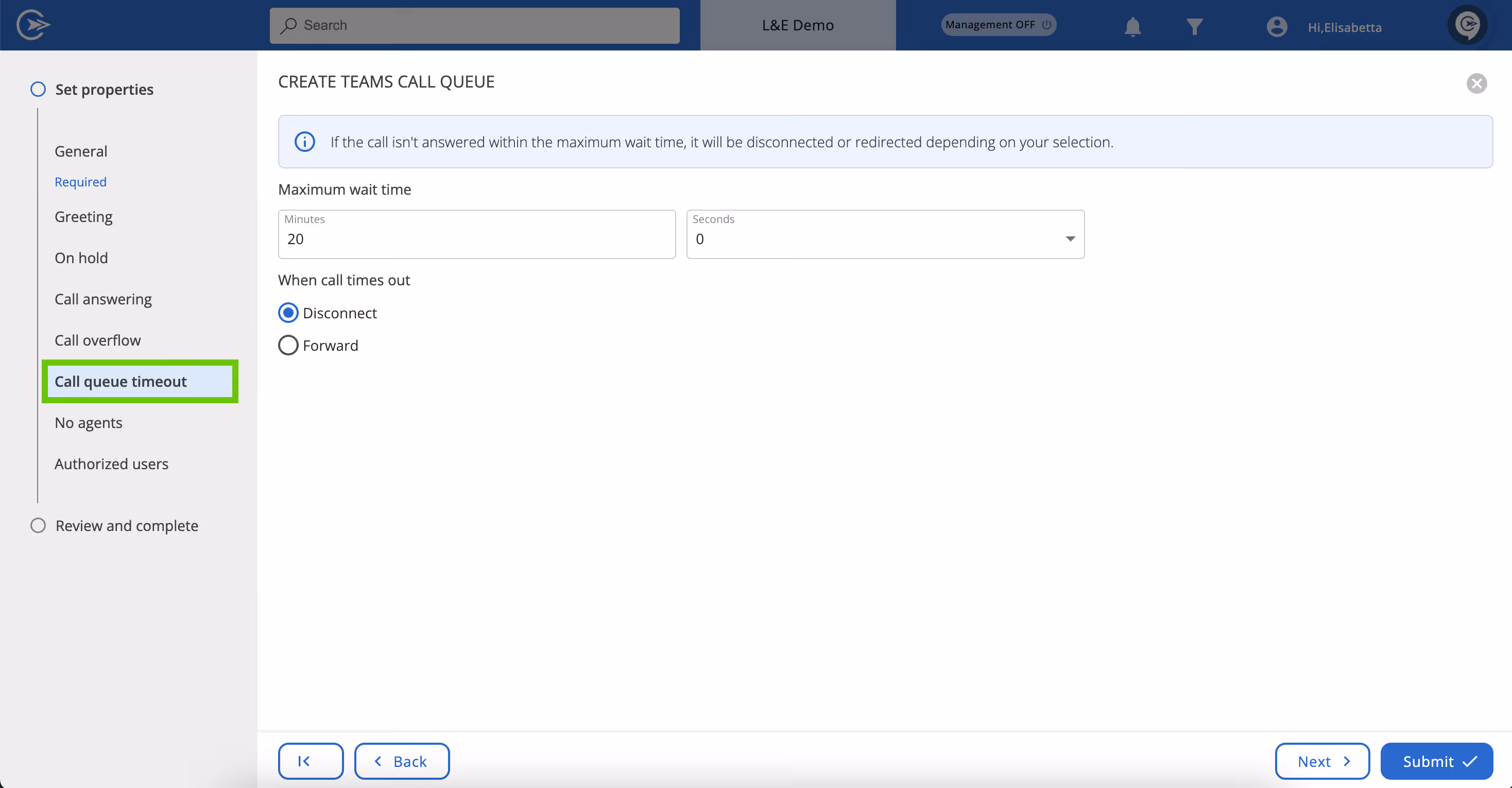 Call queue timeout screen