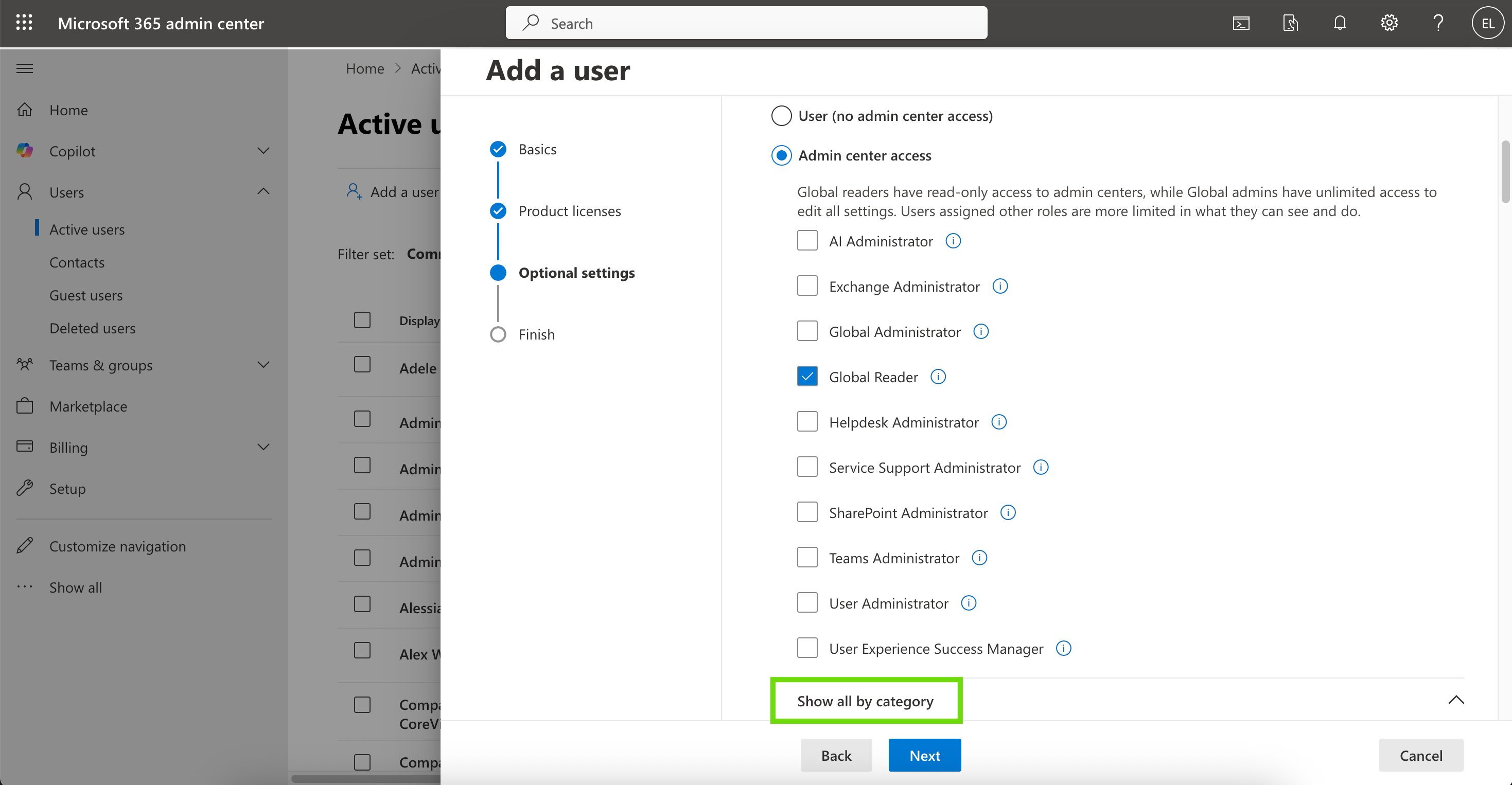 Optional settings screen