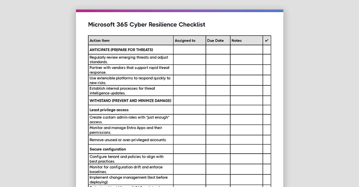 Microsoft 365 Cyber Resilience Checklist