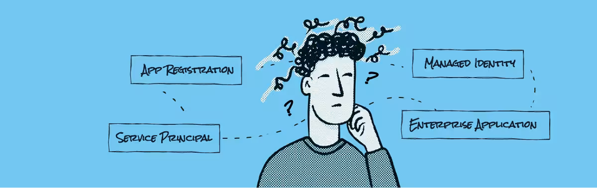 Cartoon drawing of a man thinking about Microsoft Entra applications and identities