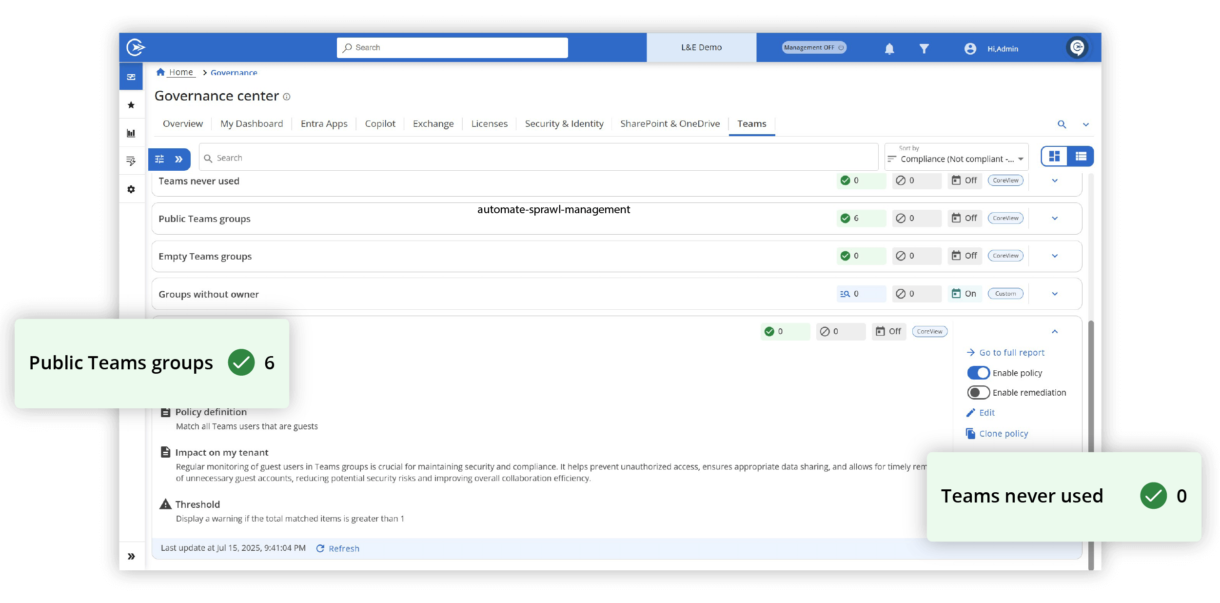 Automate sprawl management product screenshot