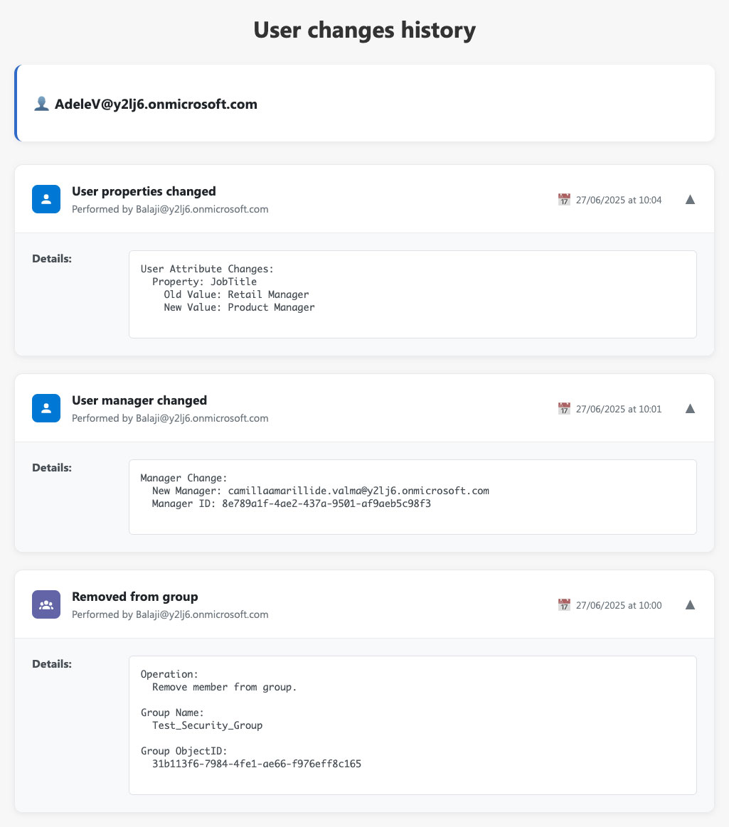 User Changes History screenshot