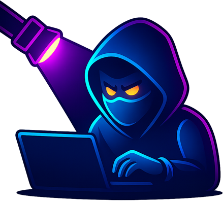 Illustration of a hooded figure at a laptop, styled in neon blue and purple colors, with a spotlight shining on them, representing a hacker.