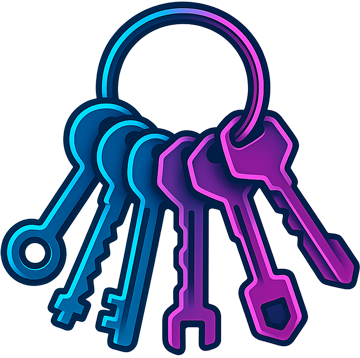 Illustration of a keyring with multiple neon blue and purple keys, symbolizing security and access.