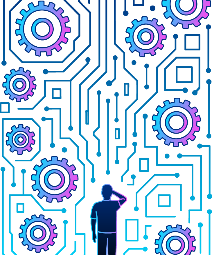 Illustration of a person standing in front of large interconnected gears and circuit-like lines, symbolizing technology and complexity.