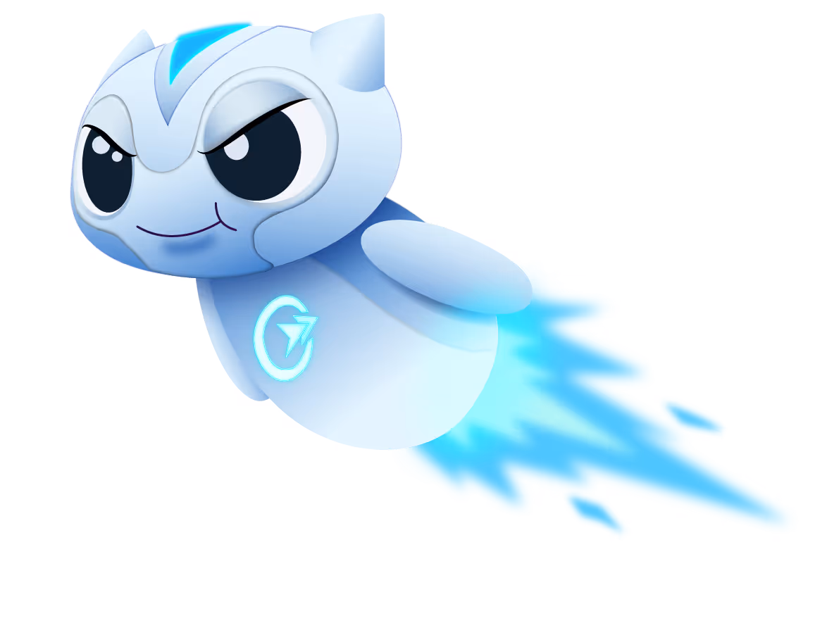 The Corey character flying in an up and left direction