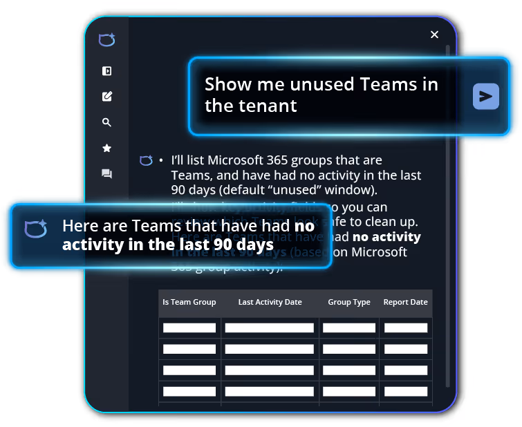 Corey AI dialogue box showing a prompt to request to show unused Team in the tenant