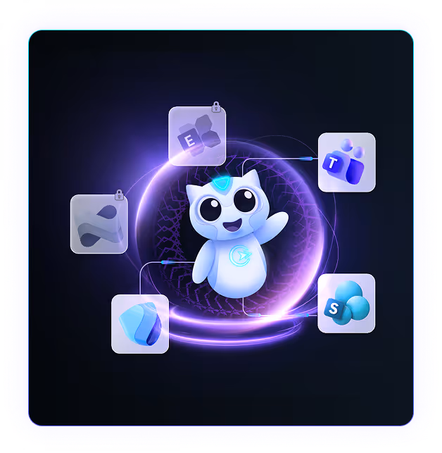 Corey surrounded by Microsoft 365 app logo - Entra, Intune, Defender, Exchange and Teams