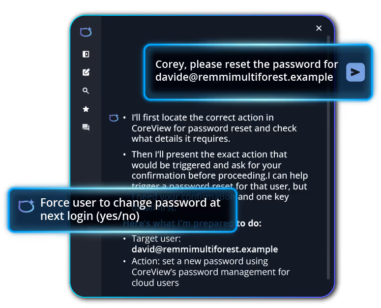 Corey AI dialogue box showing a prompt to request to reset the password for a user using their email address to identify them